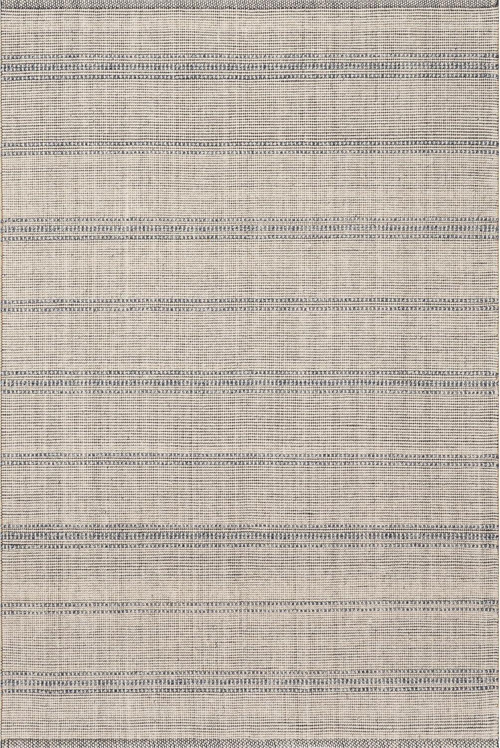 Ivory and Blue Striped Wool Cotton 5x8 Area Rug