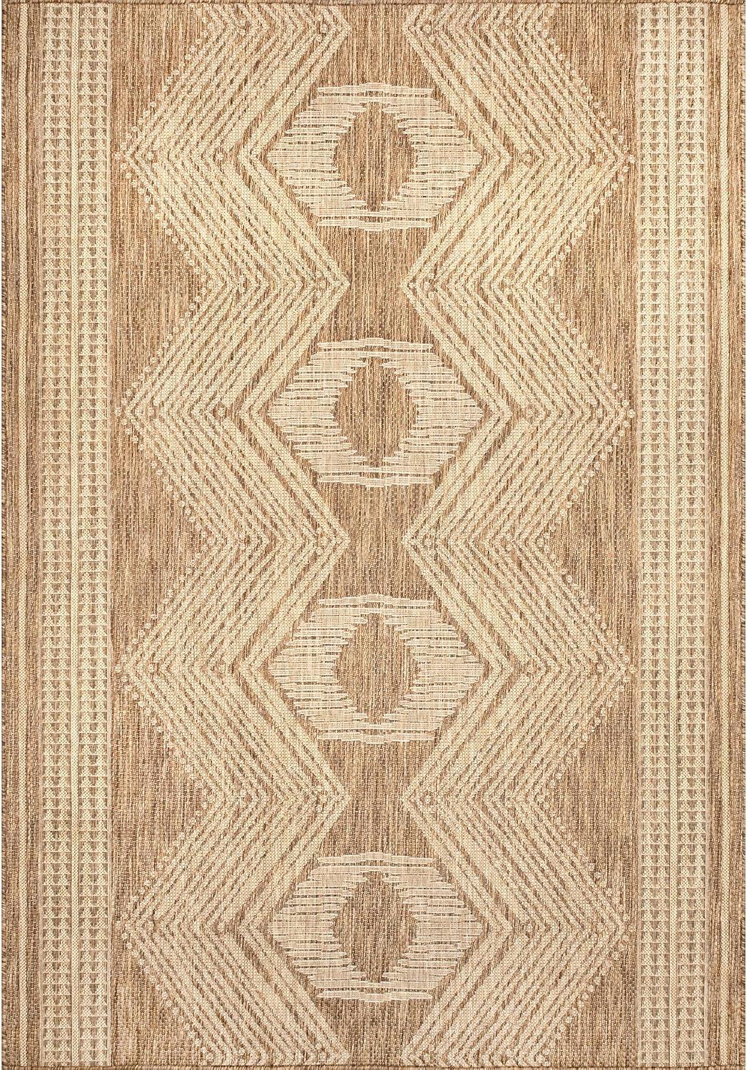 nuLOOM 4' x 5' Outdoor Geometric Area Rug, Stain Resistant, Weather Resistant, High Traffic, Patio, Balcony, Outside, Ranya Light Brown