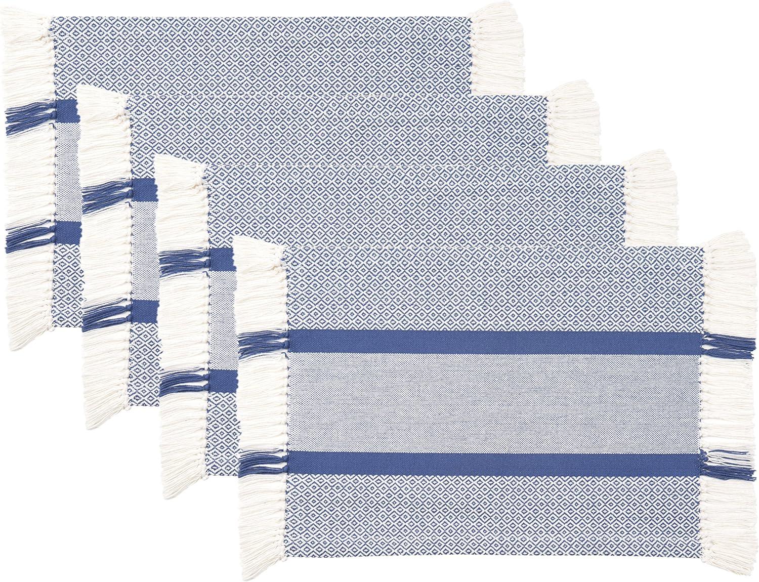 Blue Boho Cotton Woven Rectangular Placemats with Fringe, 14x19 in, Set of 4