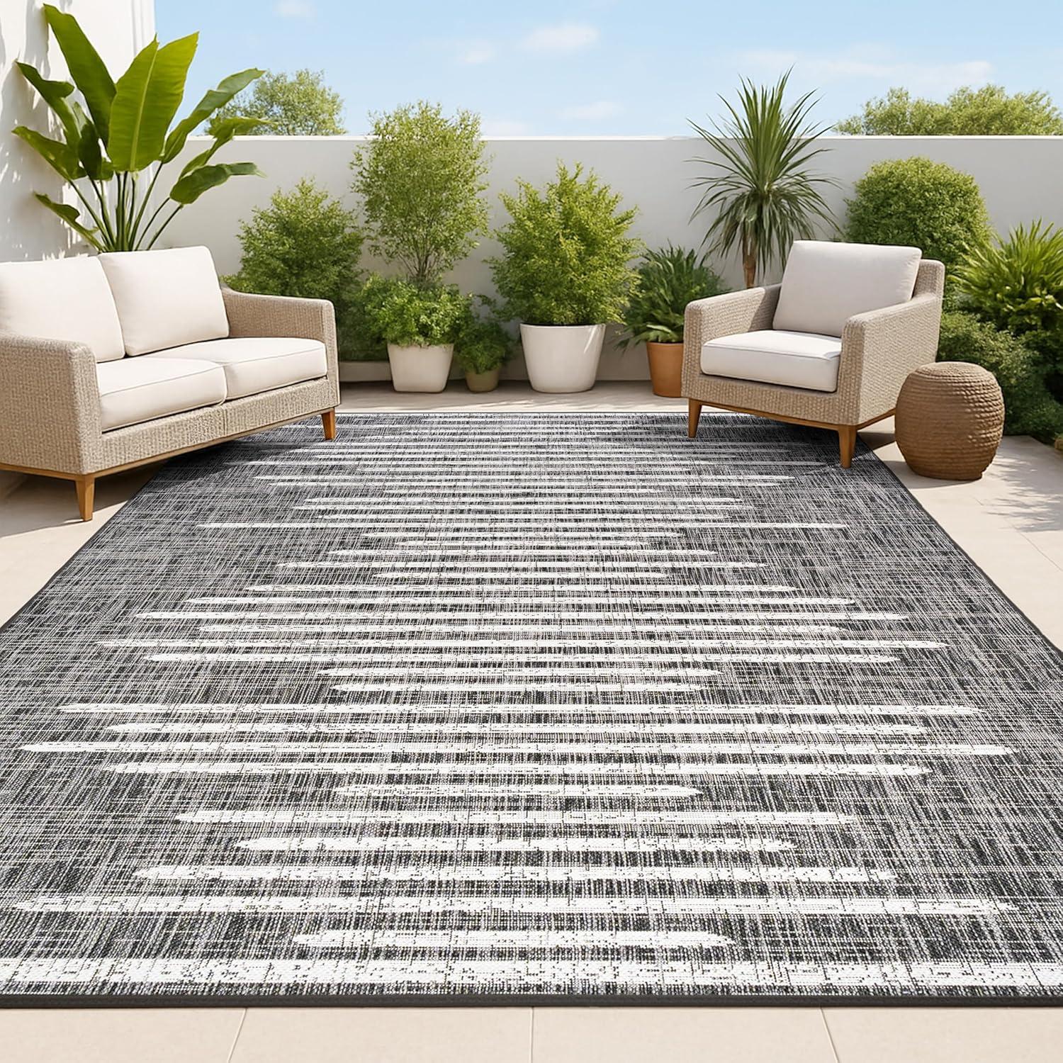 3'x5' Zolak Berber Stripe Geometric Indoor/Outdoor Area Rug, Black/Ivory - JONATHAN Y