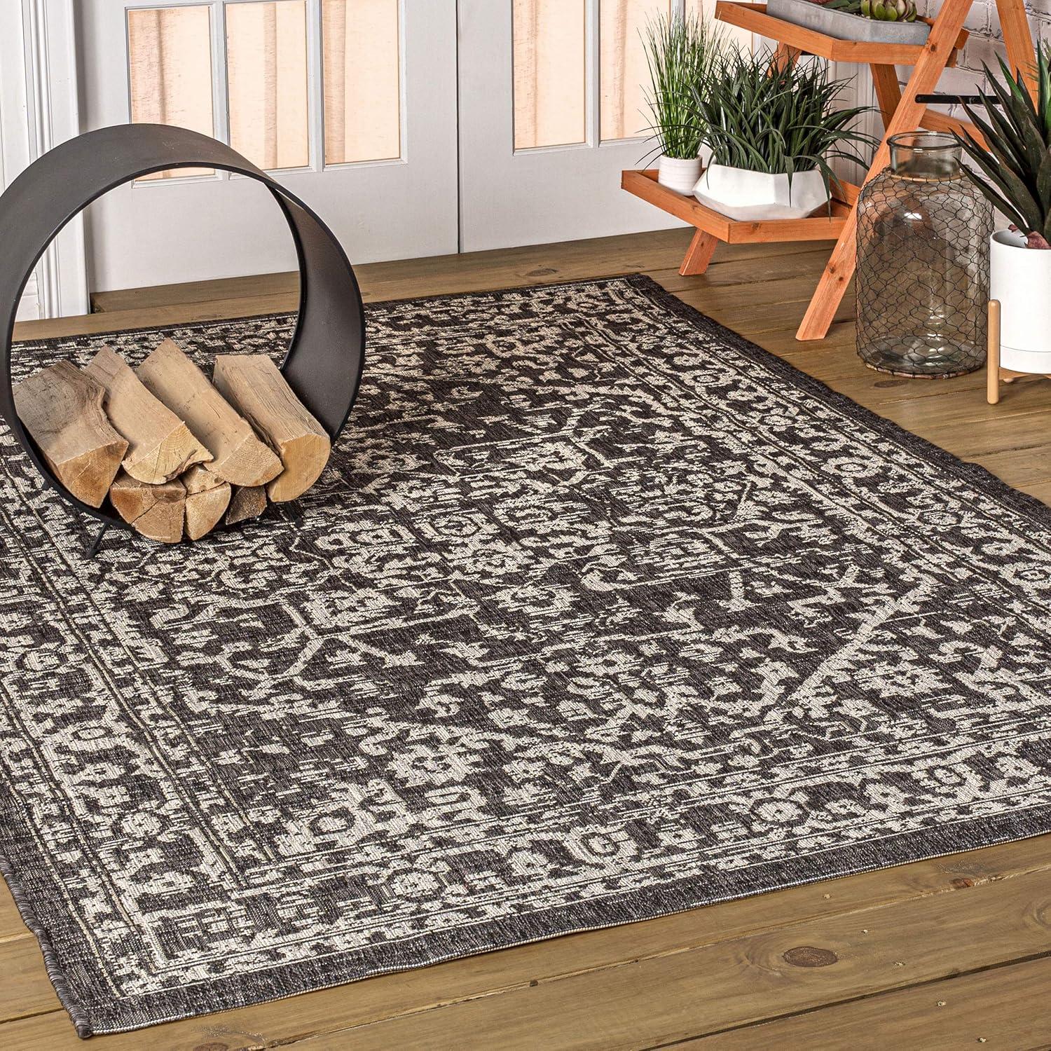 4'x6' Malta Bohemian Medallion Textured Weave Indoor/Outdoor Area Rug, Black/Gray - JONATHAN Y