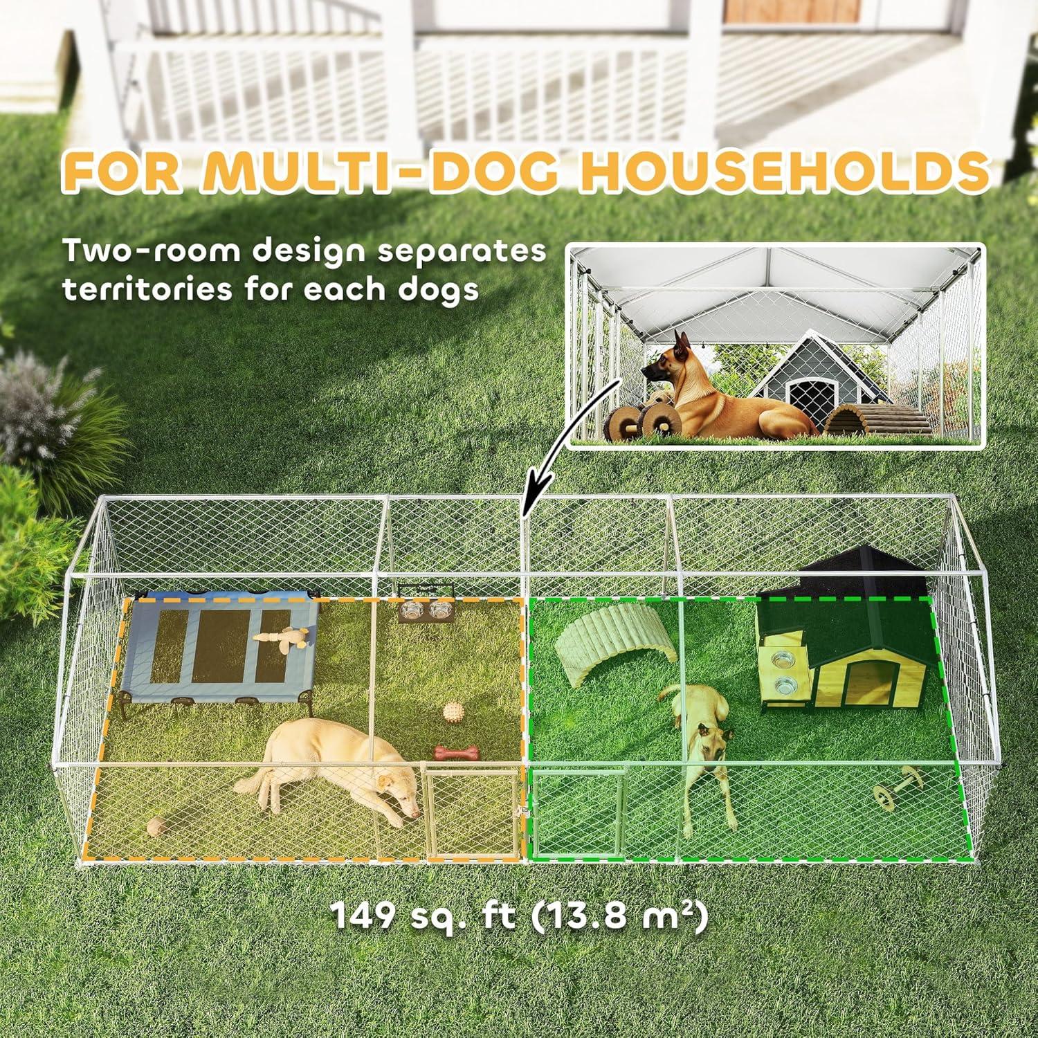 Pawhut Two Room Outdoor Dog Kennel with Roof, 19.7' x 7.5' x 5.2' Dog Kennel Outside Heavy Duty Pet Enclosure Run Fence with Waterproof UV-Resistant Cover, Secure Lock, for Small to Large Breeds