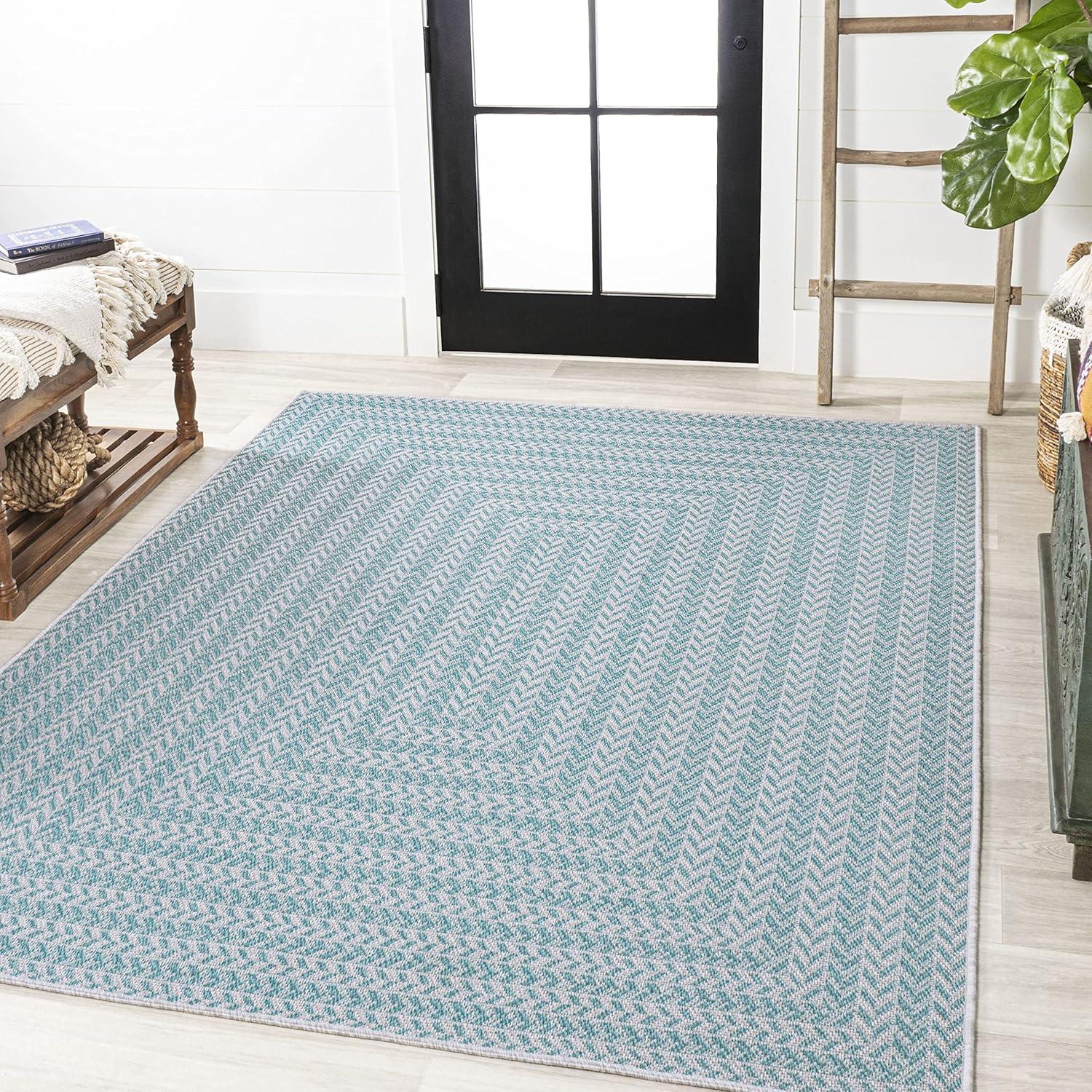 Aqua and Light Gray Geometric Synthetic 3x5 Indoor/Outdoor Rug