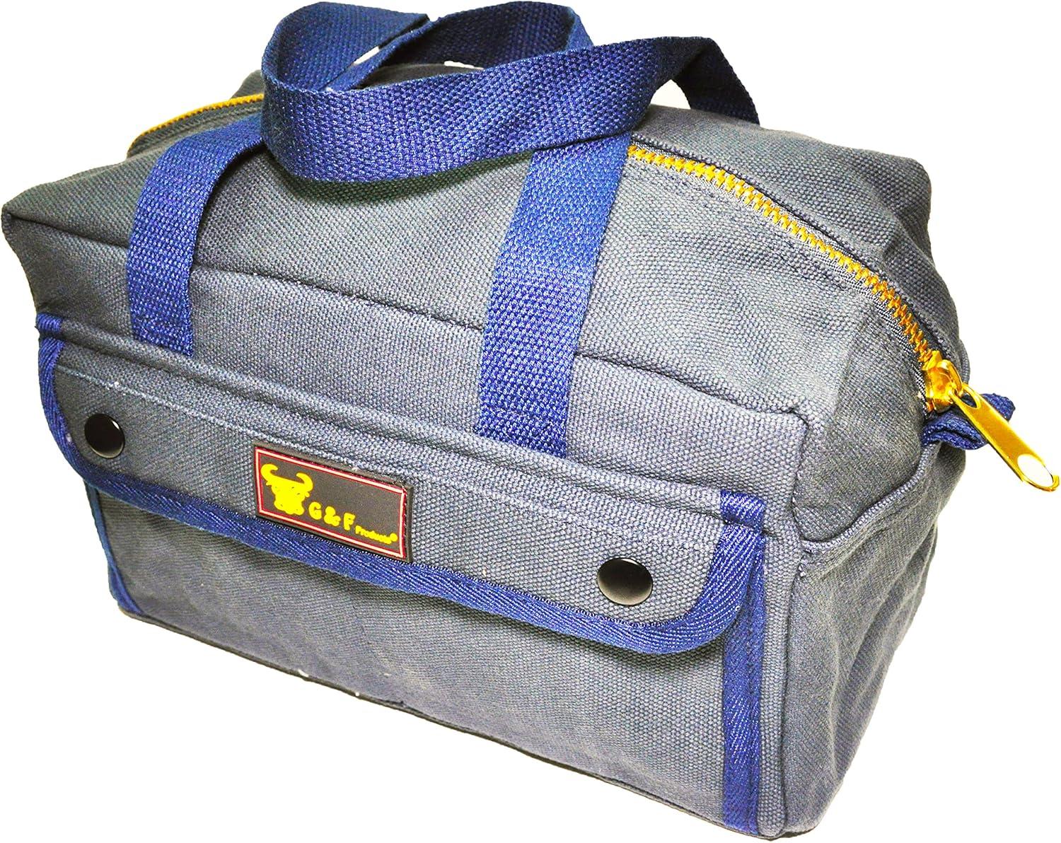 G & F Products New Tool Bag, Mechanics Style, Brass Zipper, Side Pockets, Grey, 11 Inch Long, 1 Pack
