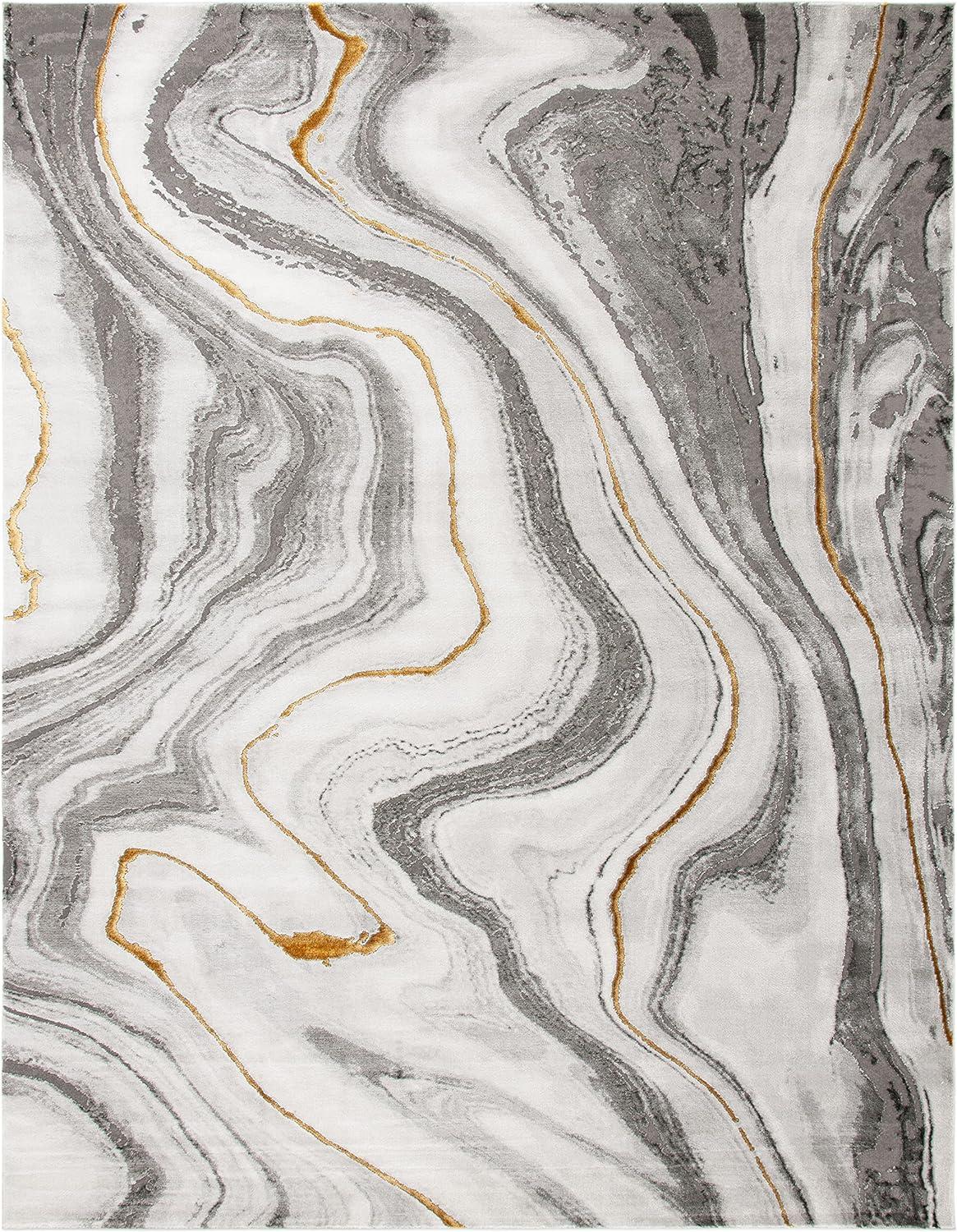 Abstract Swirls Grey and Gold 6'7" x 9' Hand-Knotted Rug