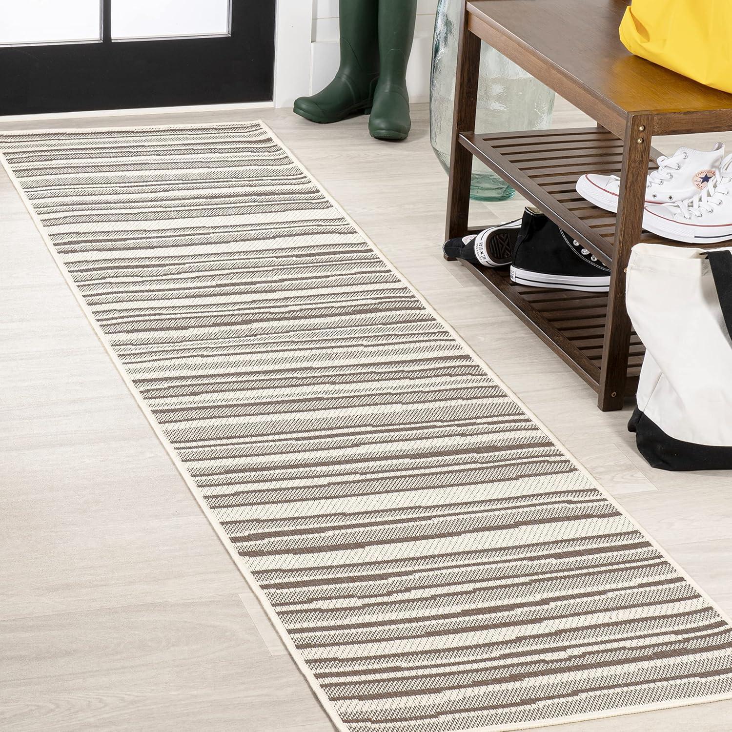 2' x 8' Castara Wavy Stripe Modern Indoor/Outdoor Runner Rug, Cream/Dark Gray - JONATHAN Y
