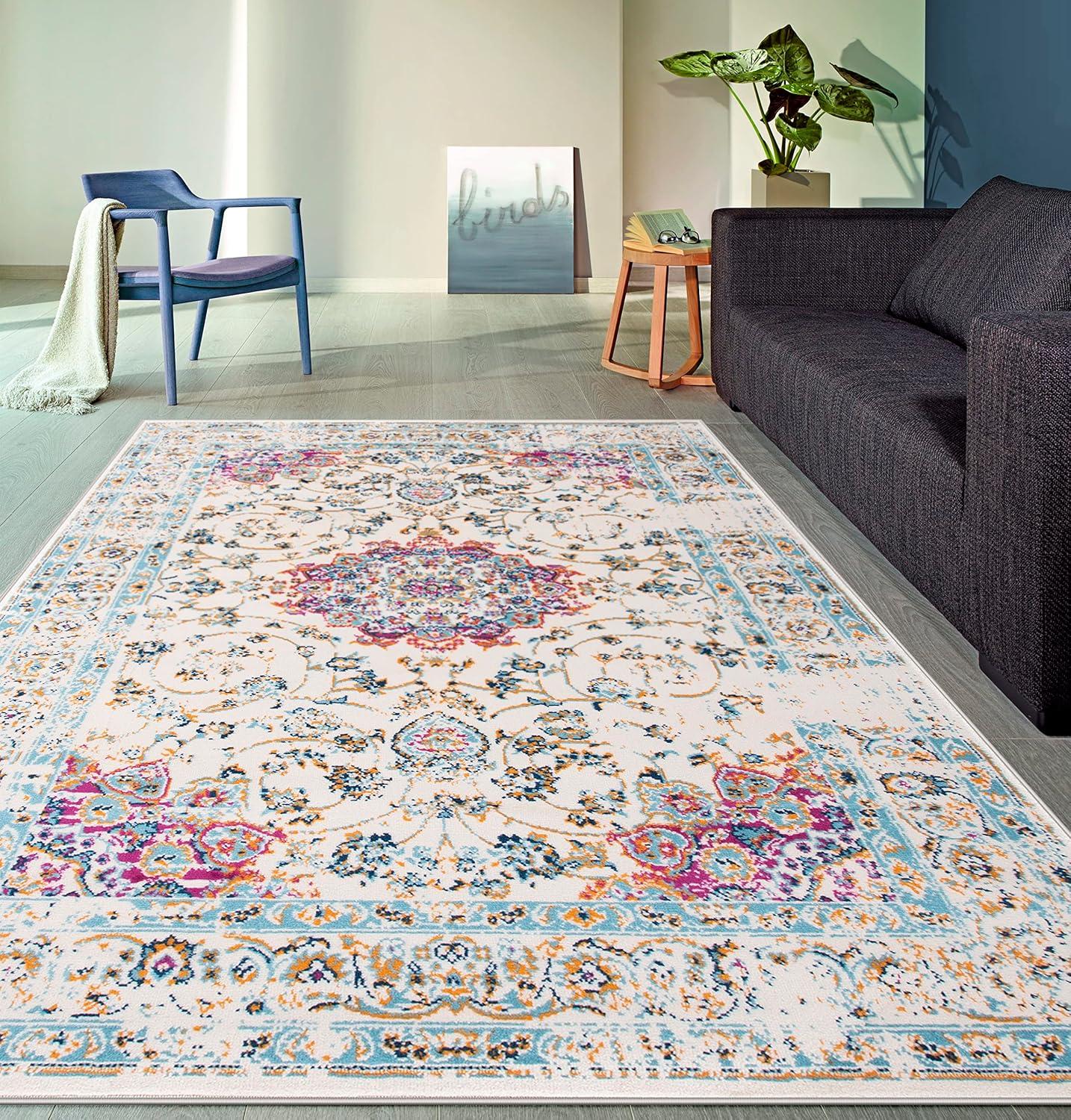 Pink and Blue Traditional Synthetic 5' x 7' Area Rug