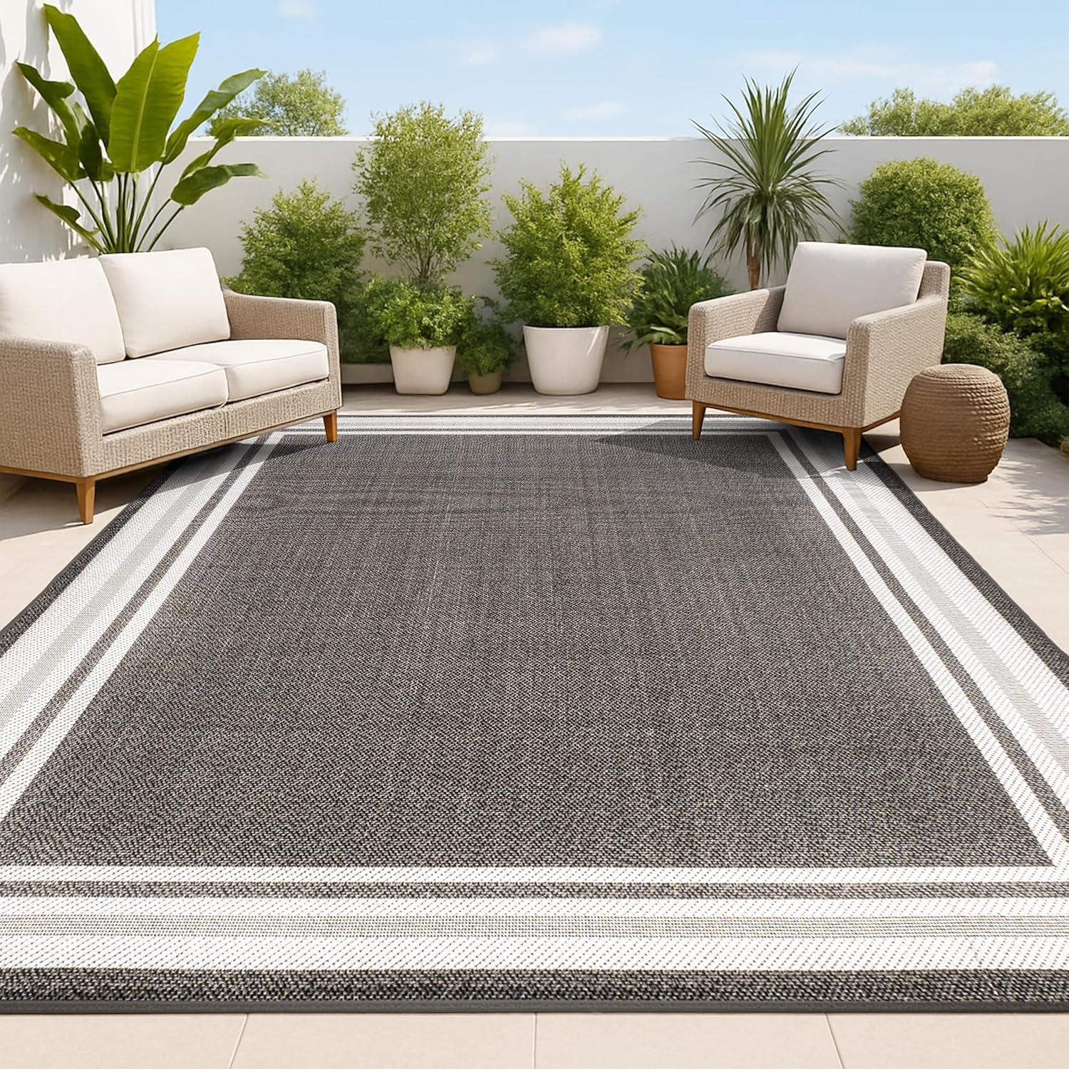 5' x 8' James Modern Border Stripe Indoor/Outdoor Area Rug, Black/Cream - JONATHAN Y