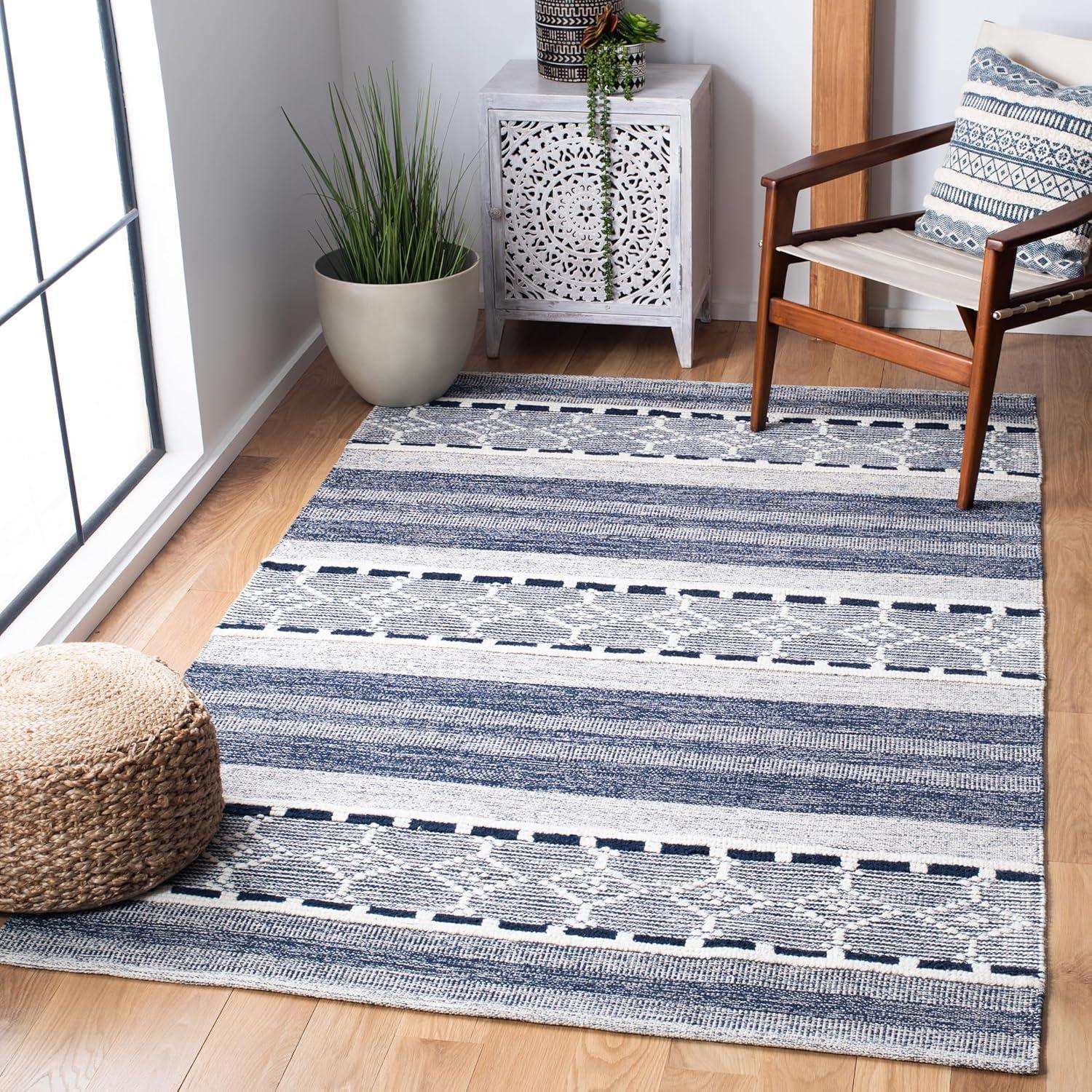 Striped Kilim STK522 Hand Woven Area Rug - Navy/Ivory - 4'x6' - Safavieh.