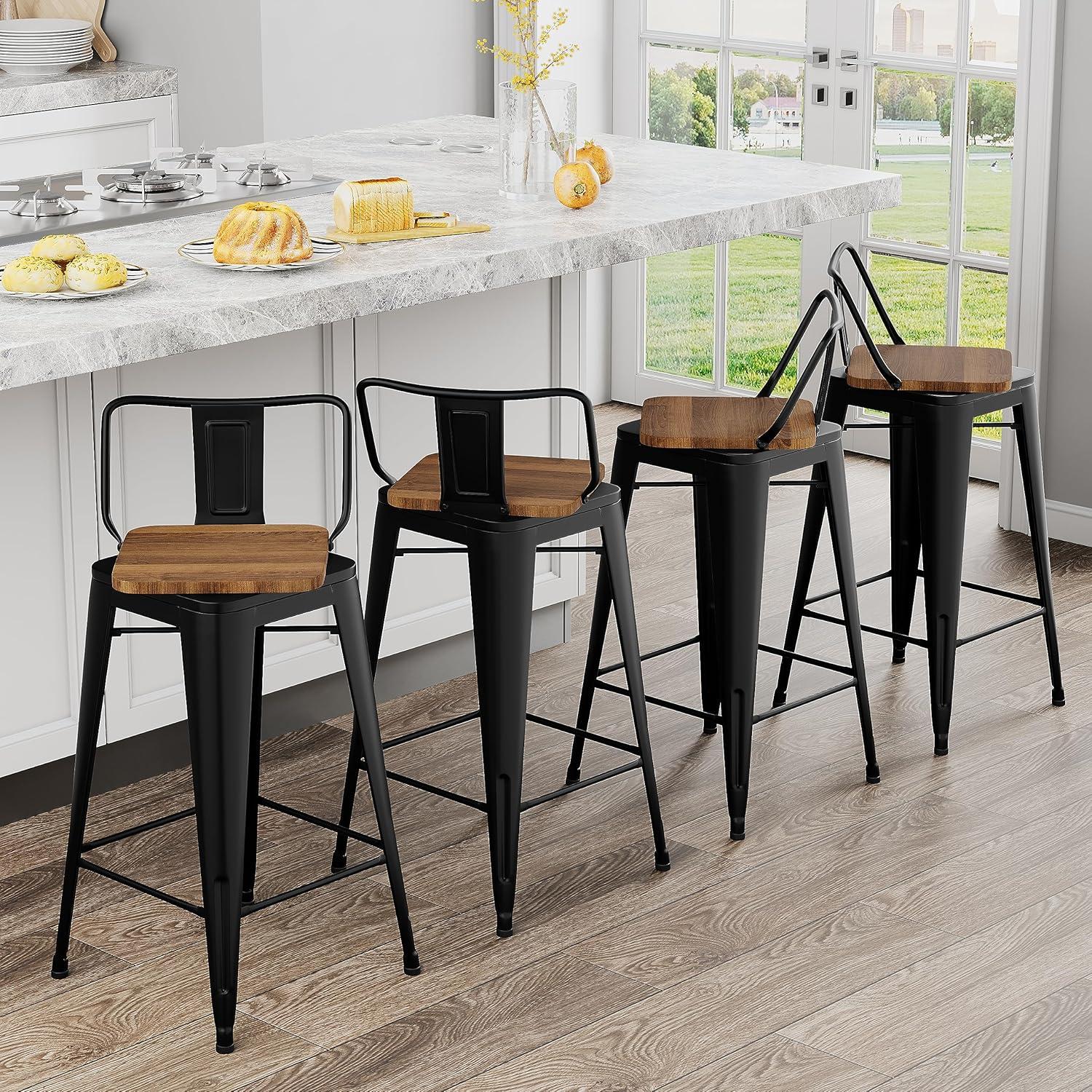 Industrial Black Metal Bar Stools with Wood Seats, Set of 4