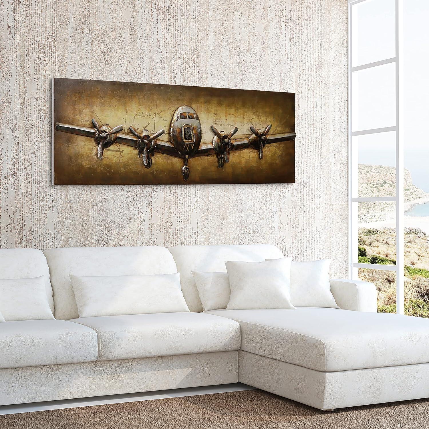 72" Brown and Tan Mixed Media Airplane Metal Wall Art