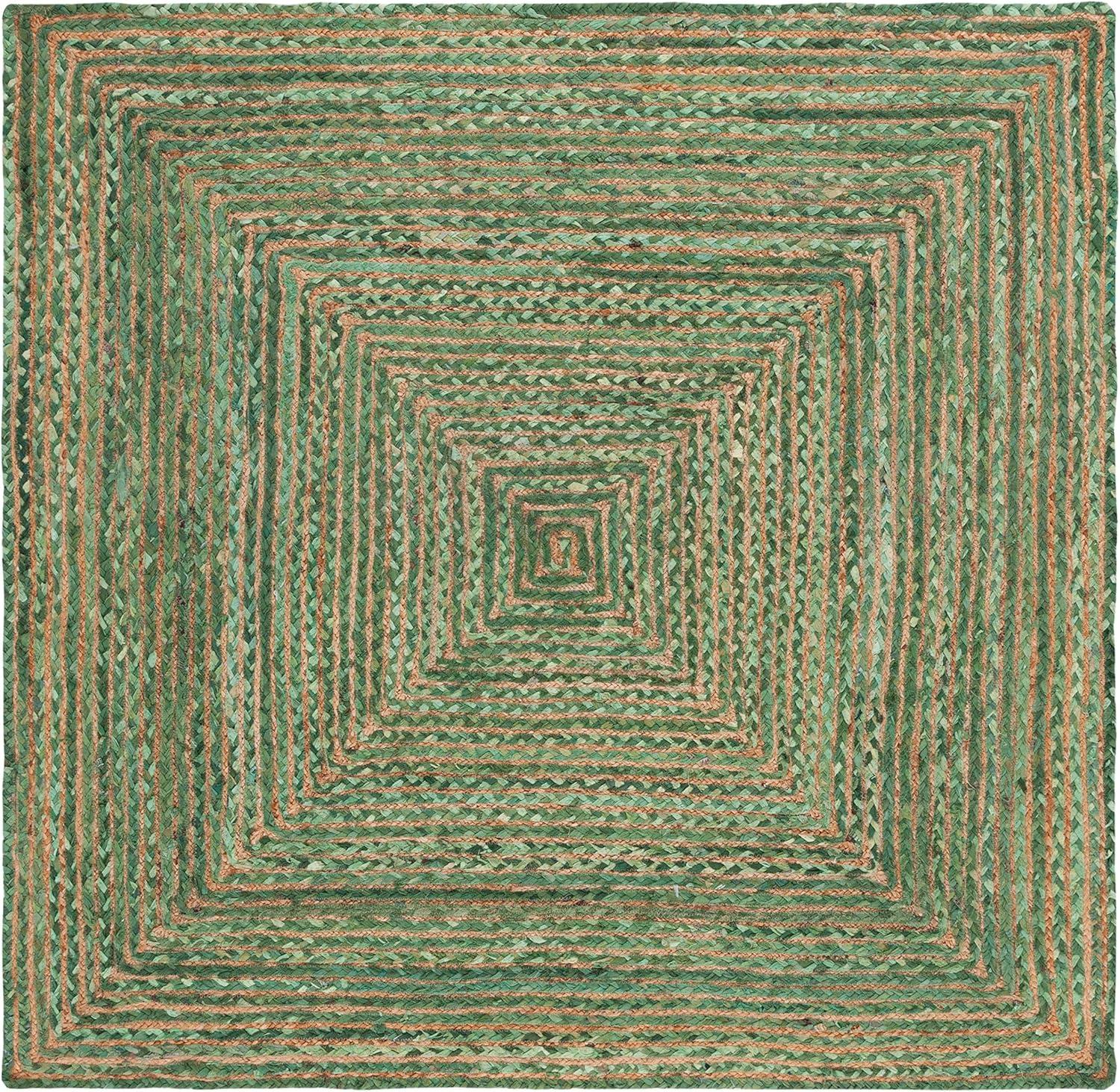 Handmade Green and Natural Braided Jute Cotton Square Rug