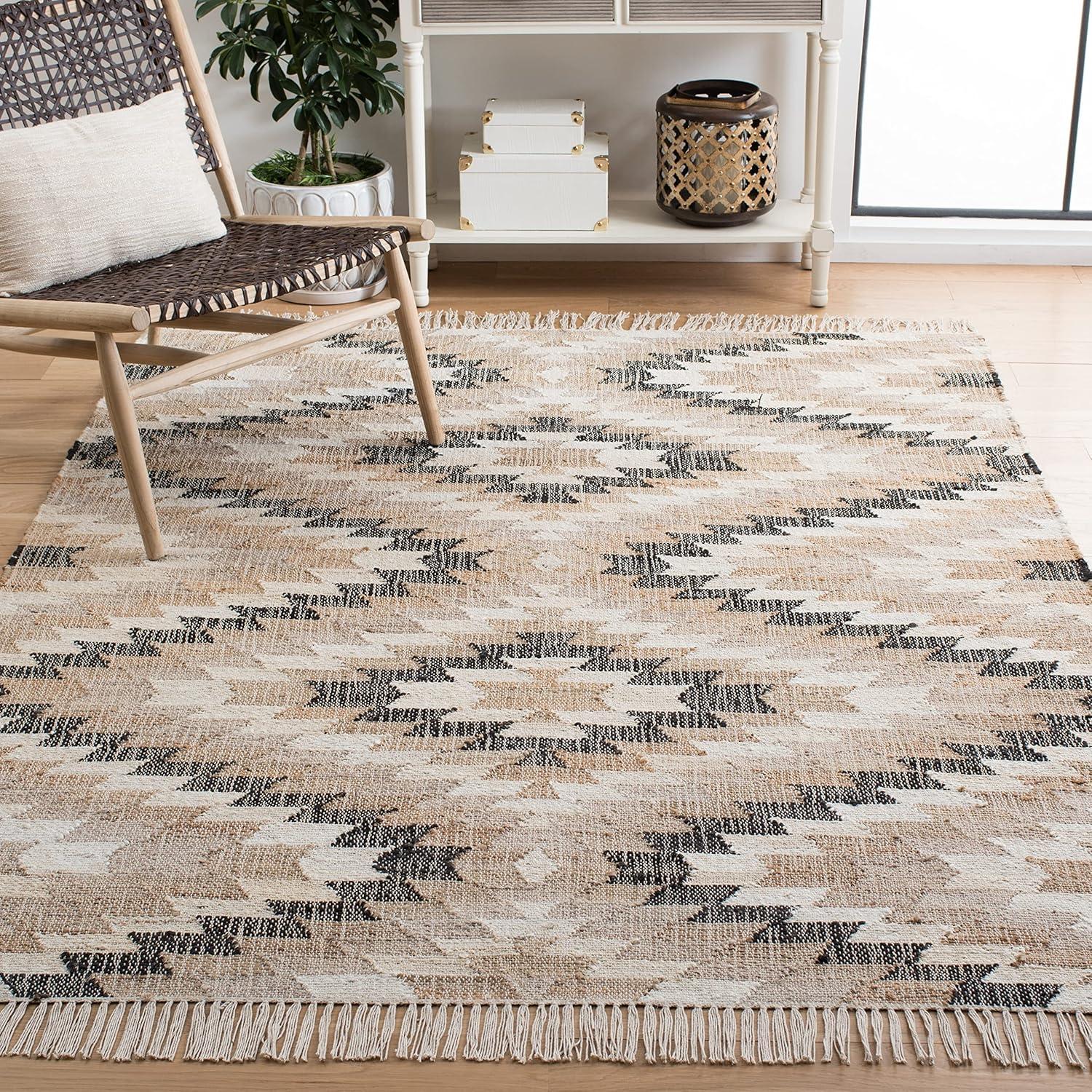 Handmade Natural and Black Cotton Jute Geometric Rug