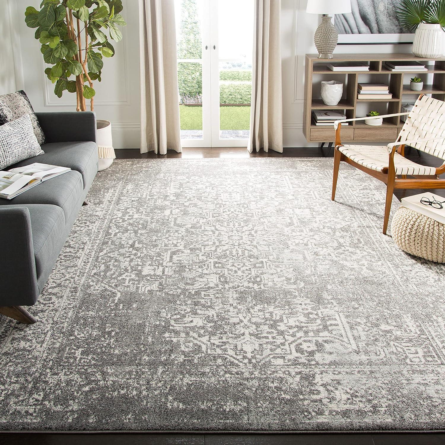 Transitional Grey & Ivory Synthetic 6'7" x 9' Area Rug