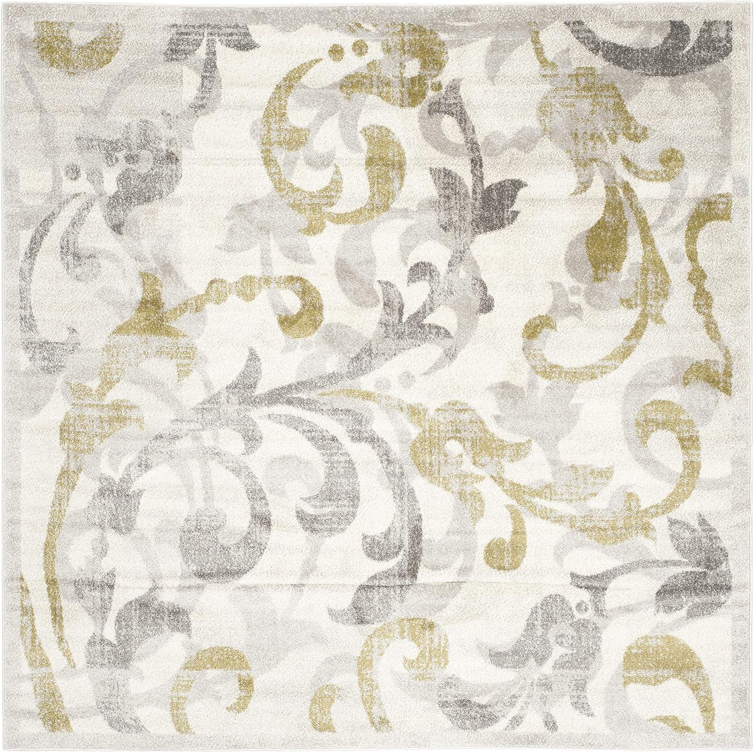 Ivory Light Grey Floral Square Synthetic Easy-Care Rug