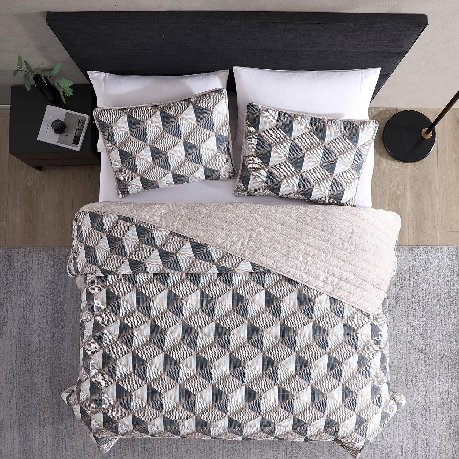 Geometric Gray and Brown Microfiber King Quilt Set