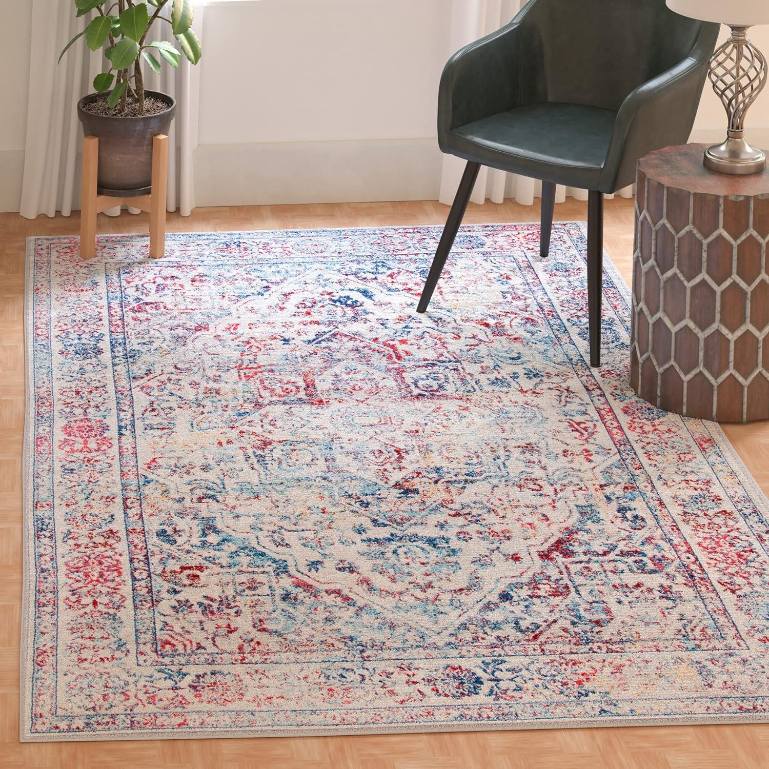 Ivory and Blue Rectangular Synthetic Stain-Resistant Area Rug