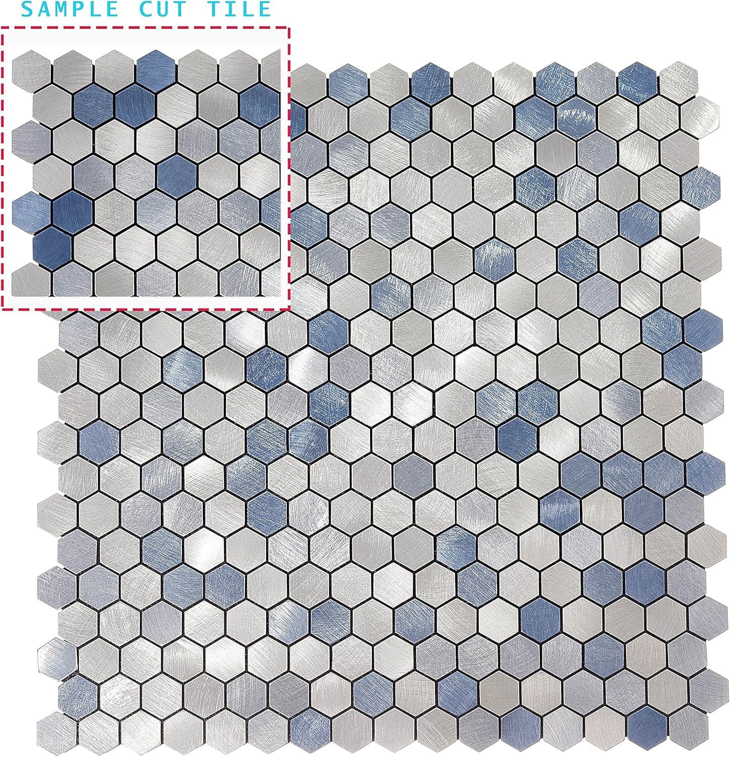 Silver and Blue Aluminum Hexagon Peel and Stick Wall Tiles