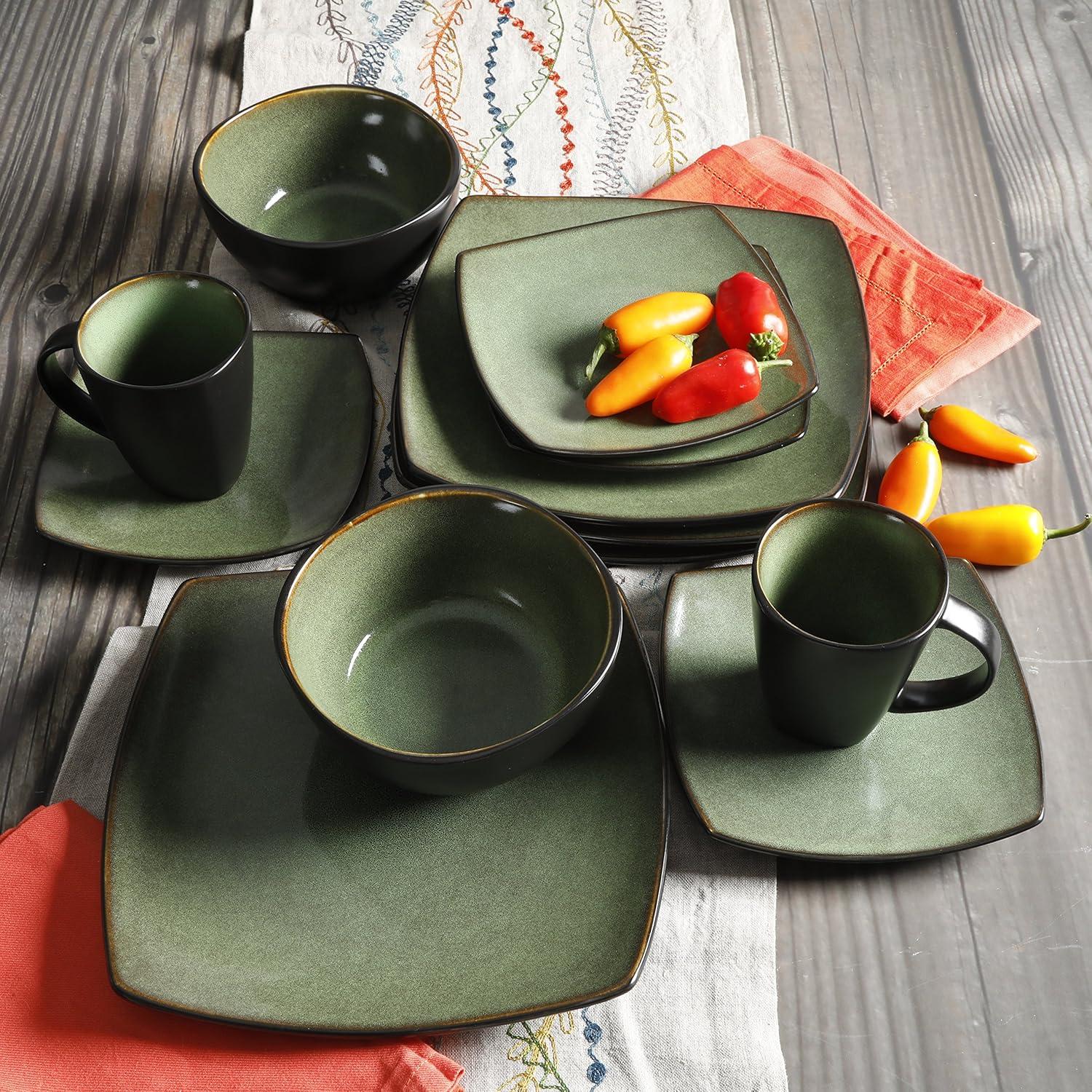 Gibson Soho Lounge Square 16-Piece Stoneware Dinnerware Set Green