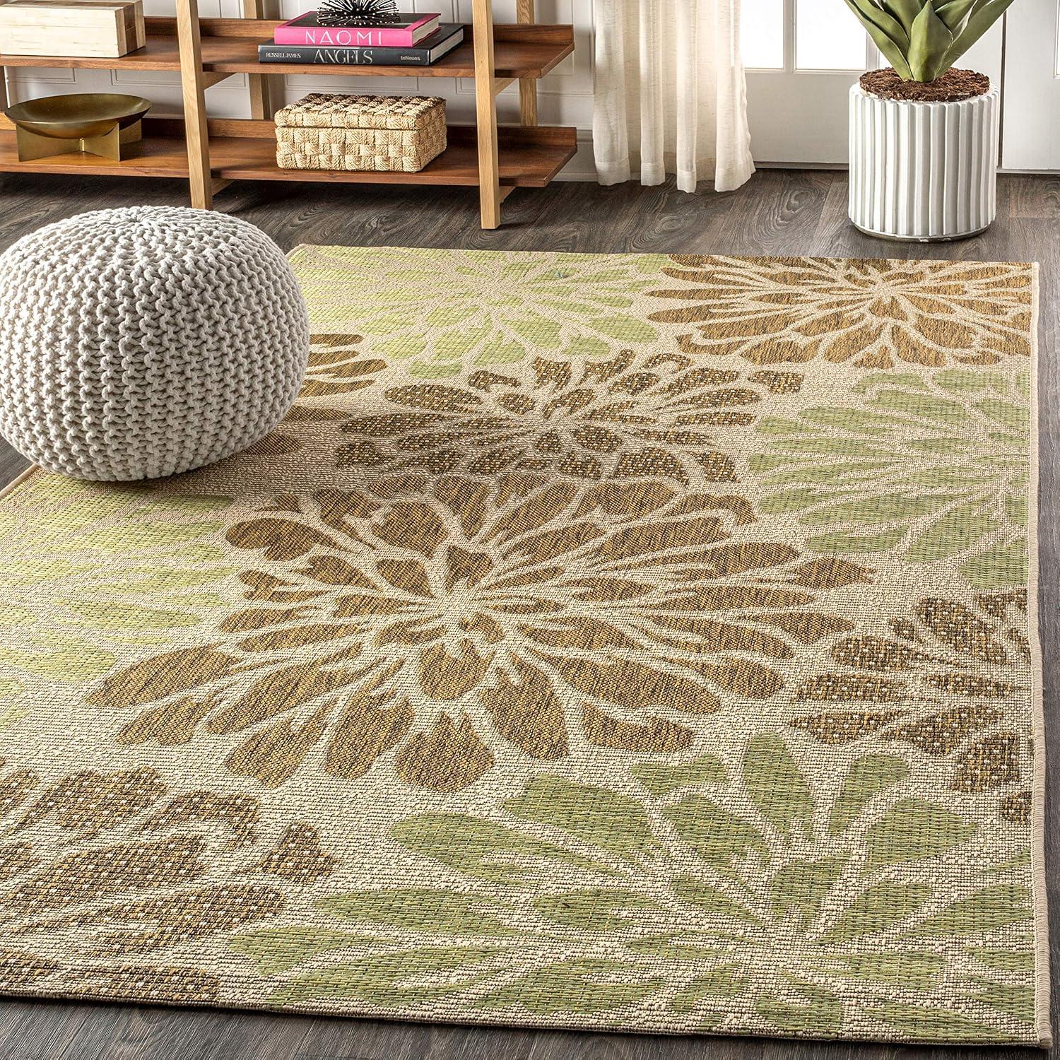 3'x5' Zinnia Modern Floral Textured Weave Indoor/Outdoor Area Rug, Sage/Brown - JONATHAN Y