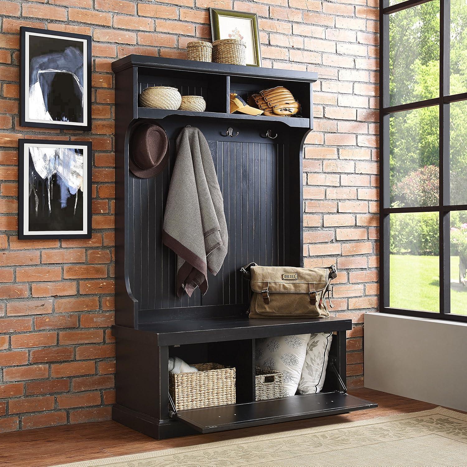 Distressed Black Poplar and Birch Hall Tree with Bench and Storage