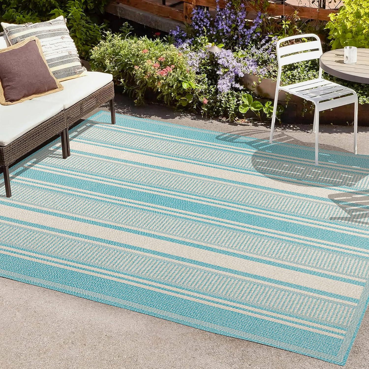 3' x 5' Haynes Modern Double Stripe Indoor/Outdoor Area Rug, Aqua/Beige - JONATHAN Y