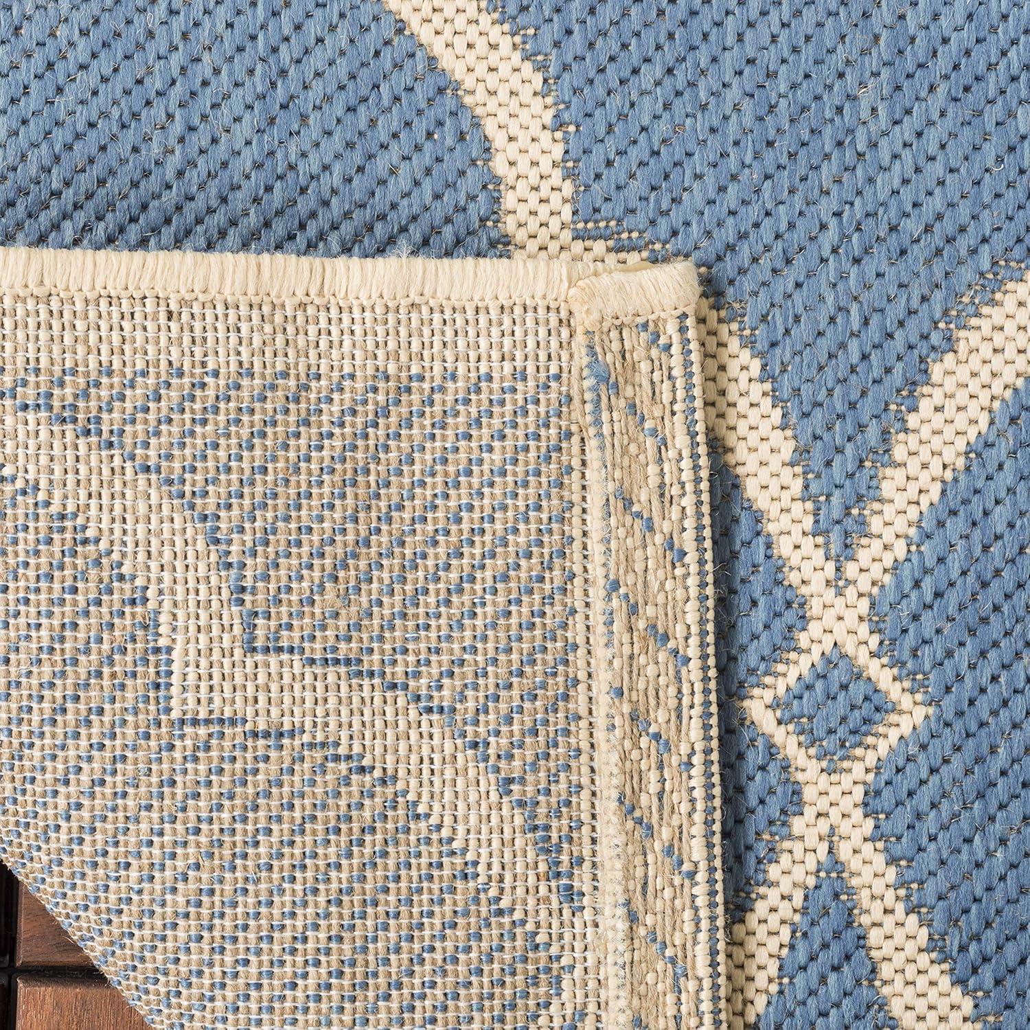 Blue and Cream Geometric Square Indoor/Outdoor Rug