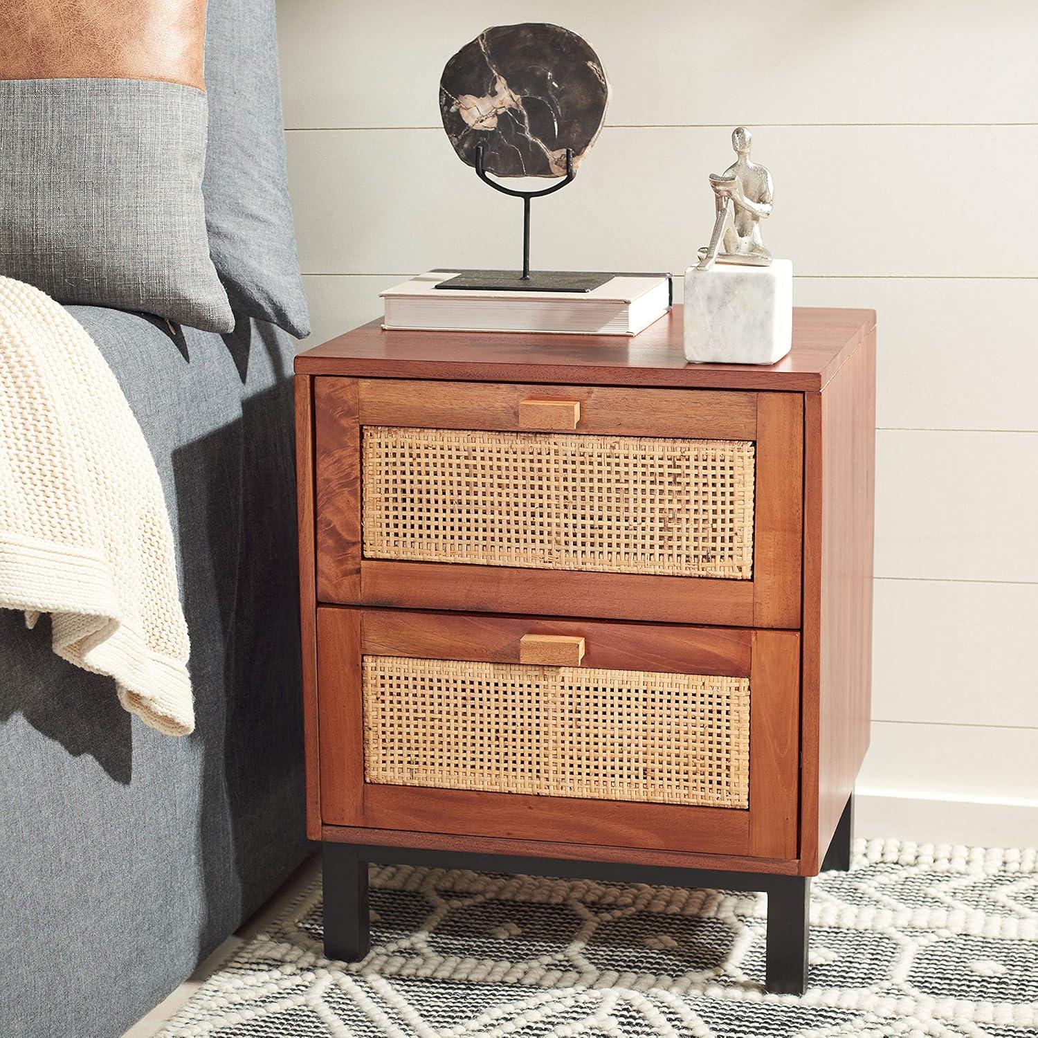 Coastal Charm Natural Wood and Rattan Nightstand with Sleek Black Legs