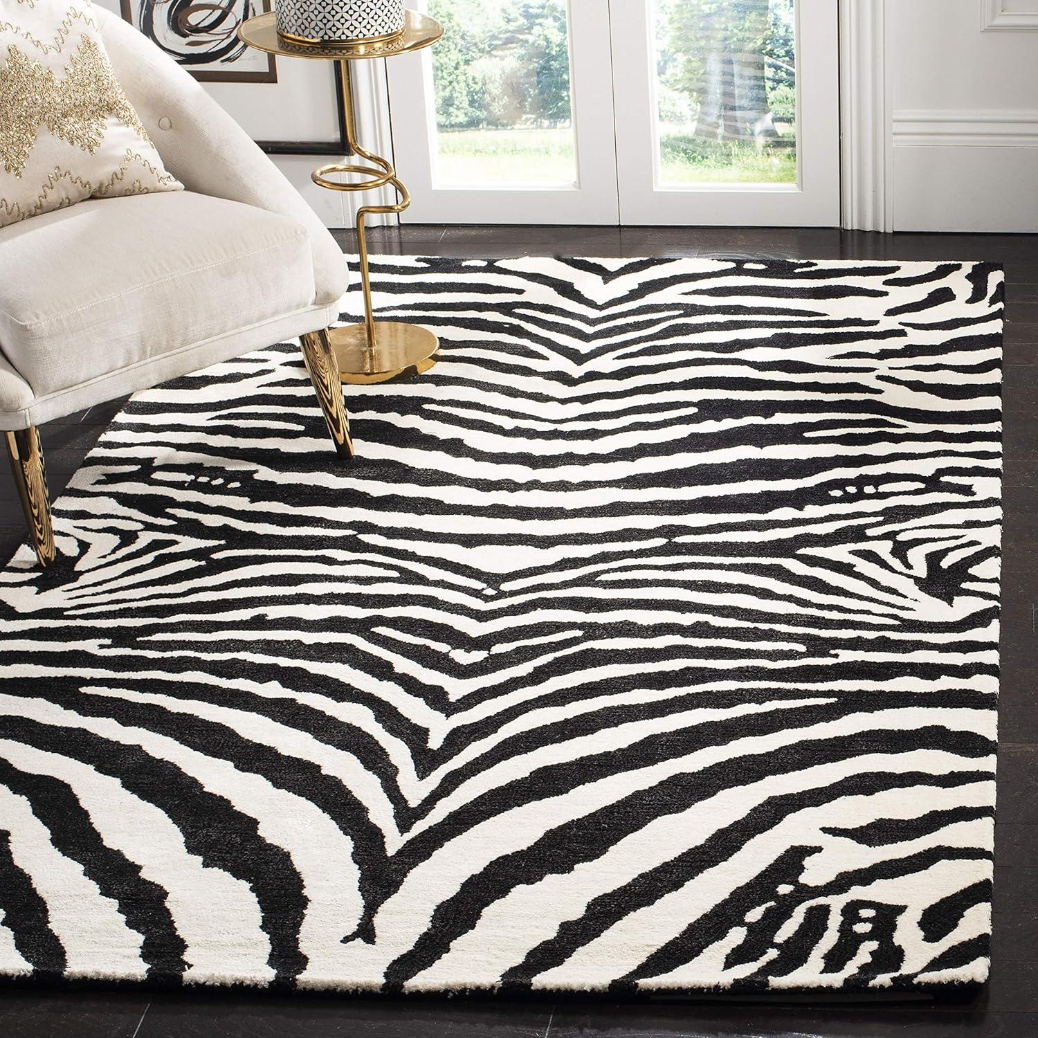 Handmade Tufted Round White and Black Wool Area Rug