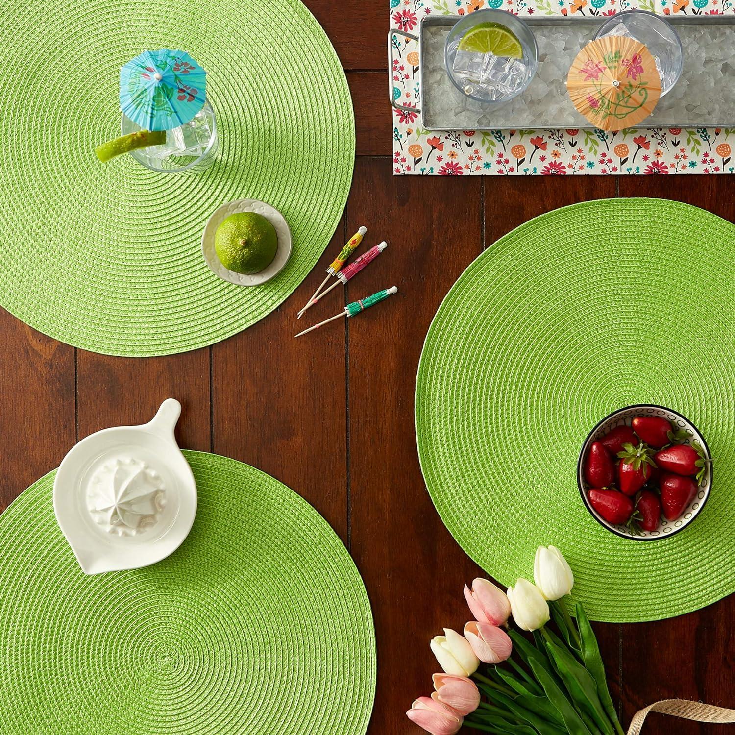 Placemats Set of 6, Lime Green Placemats Set of 6, Round Woven Placemats for Indoor and Outdoor, Washable Woven Placemats for St Patricks Day Placemats, 15 Inch