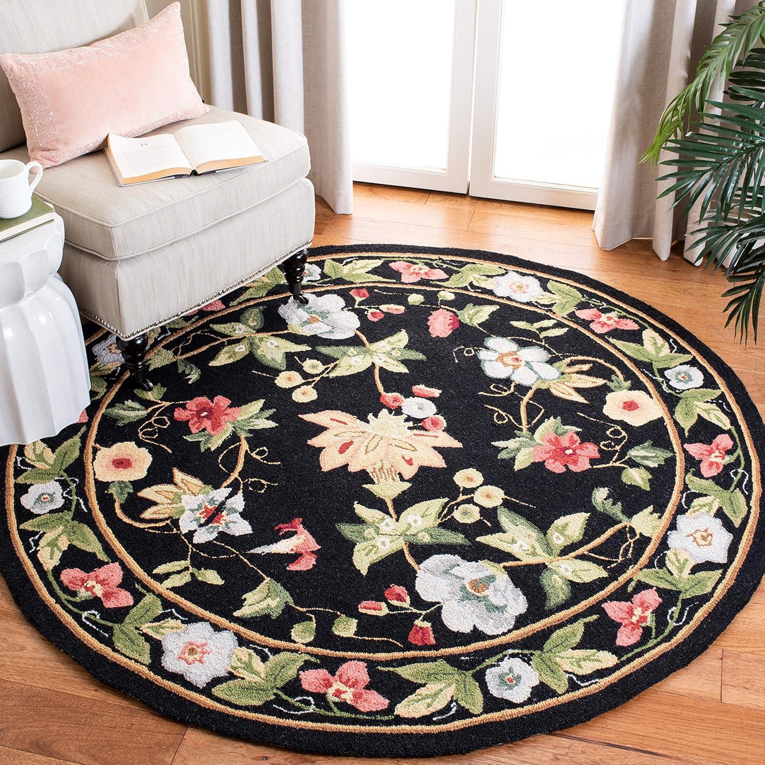 Elegant Black Wool 3' Round Hand-Knotted Easy Care Rug