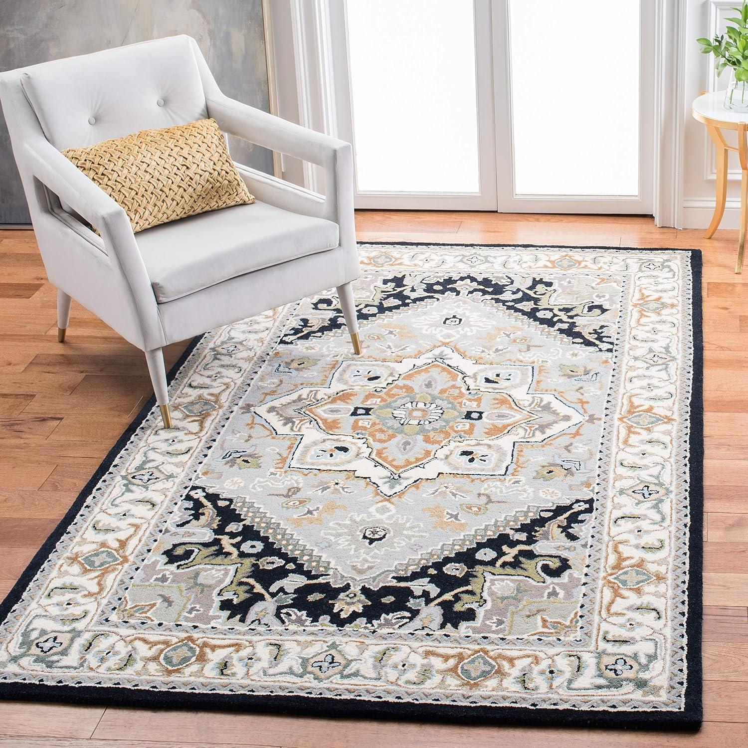 Grey and Navy Hand-Tufted Wool Square Area Rug, 4' x 4'