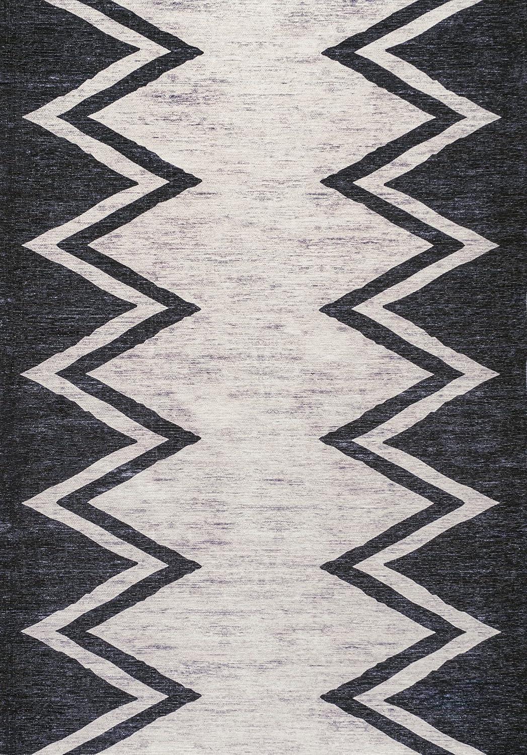 3' x 5' Siksak Modern Chevron Border Machine-Washable Area Rug, Ivory/Black - JONATHAN Y
