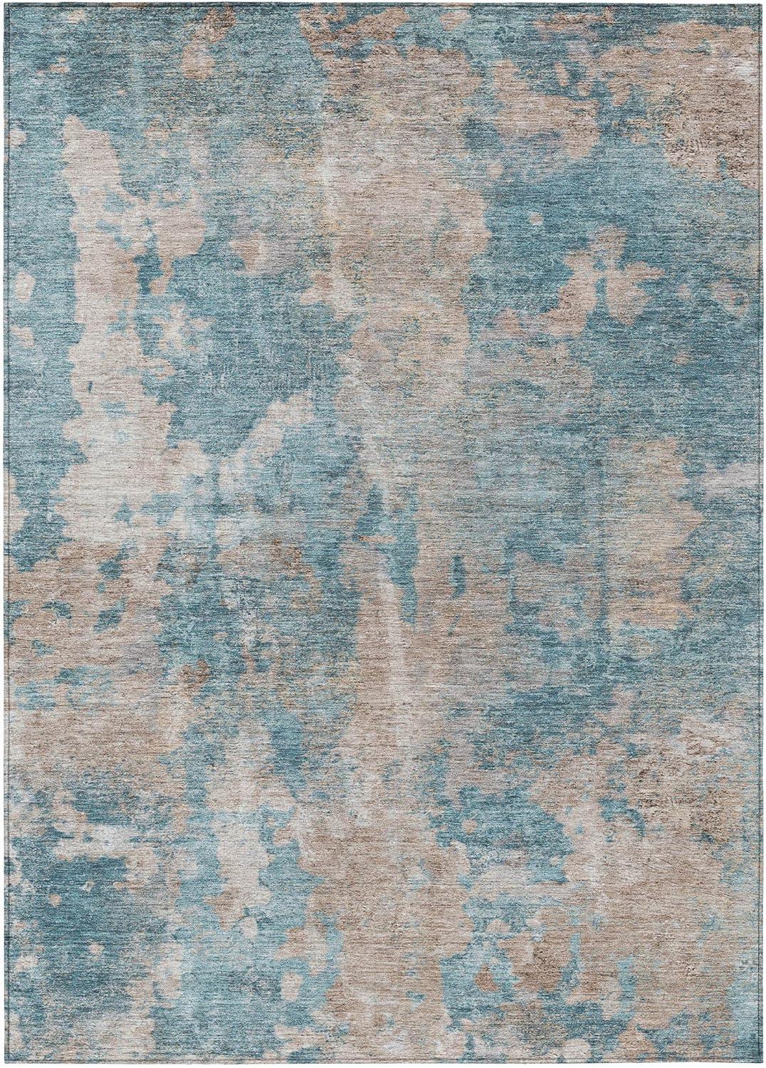 Teal and Beige Synthetic Flat Woven Washable Area Rug