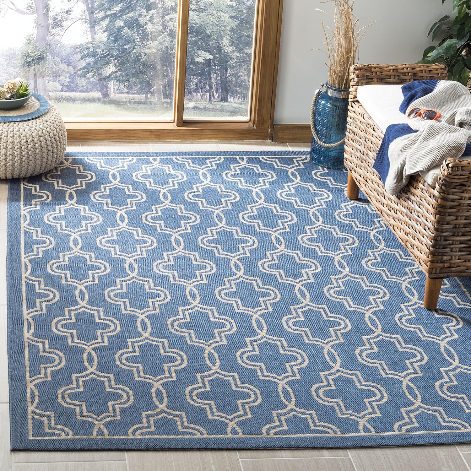 Blue and Beige Geometric Tufted Washable Area Rug