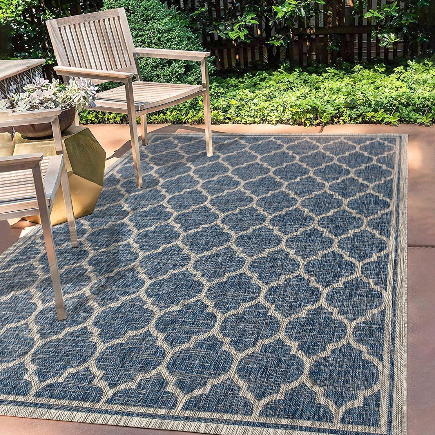 3'x5' Trebol Moroccan Trellis Textured Weave Indoor/Outdoor Area Rug, Navy/Gray - JONATHAN Y