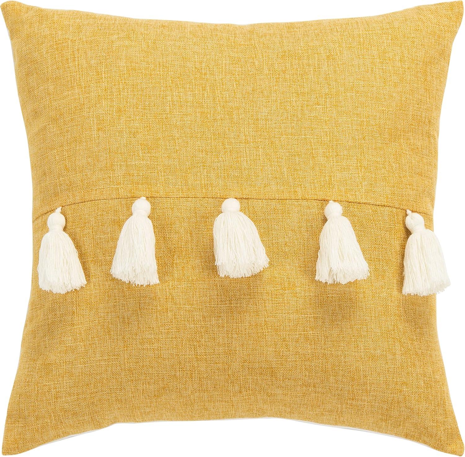 Sand Yellow Square Pillow with Tassels, 18 x 18 inches