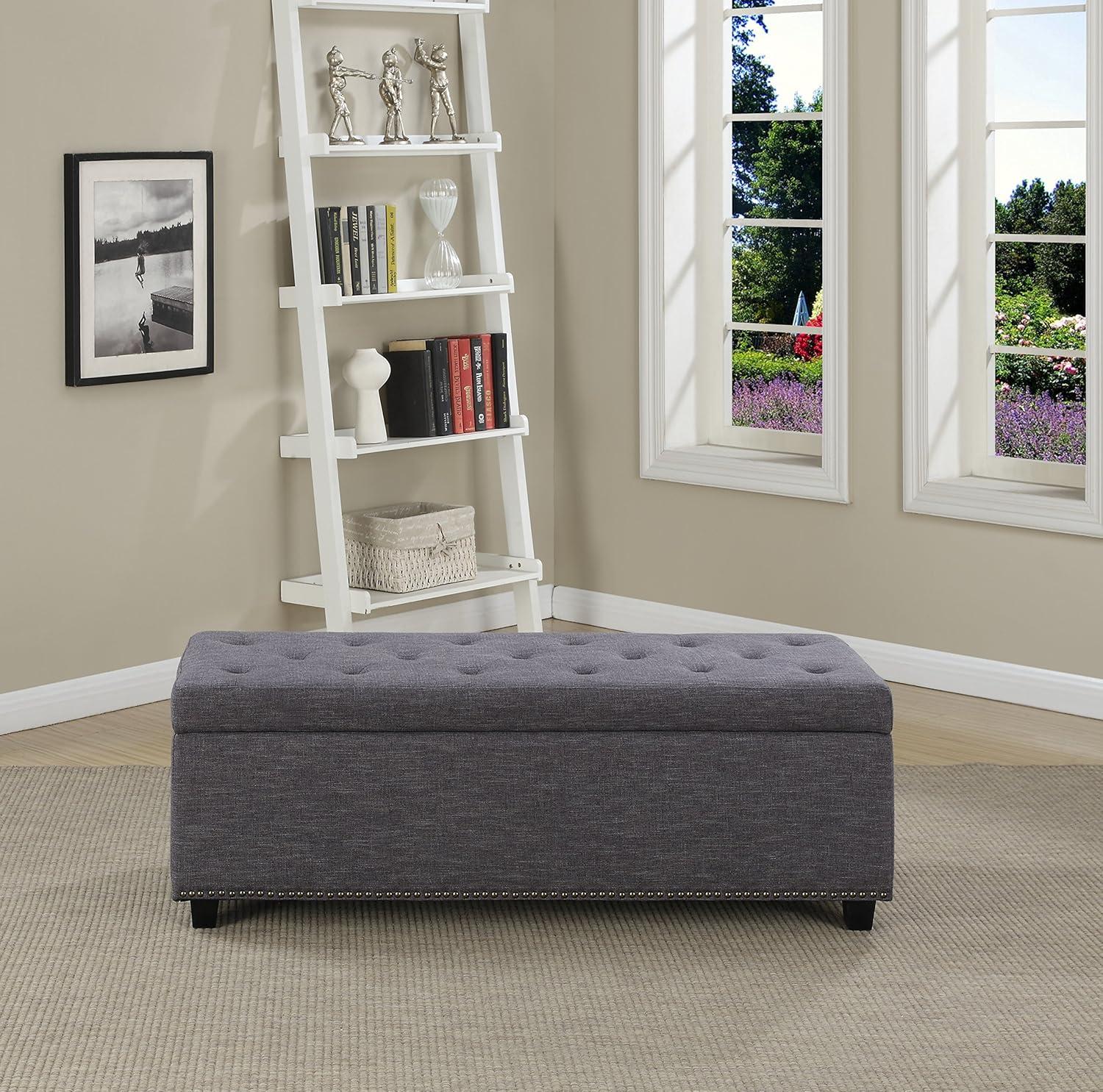 Simpli Home Hamilton 48" Transitional Rectangle Ottoman in Gray Linen Look Fabric