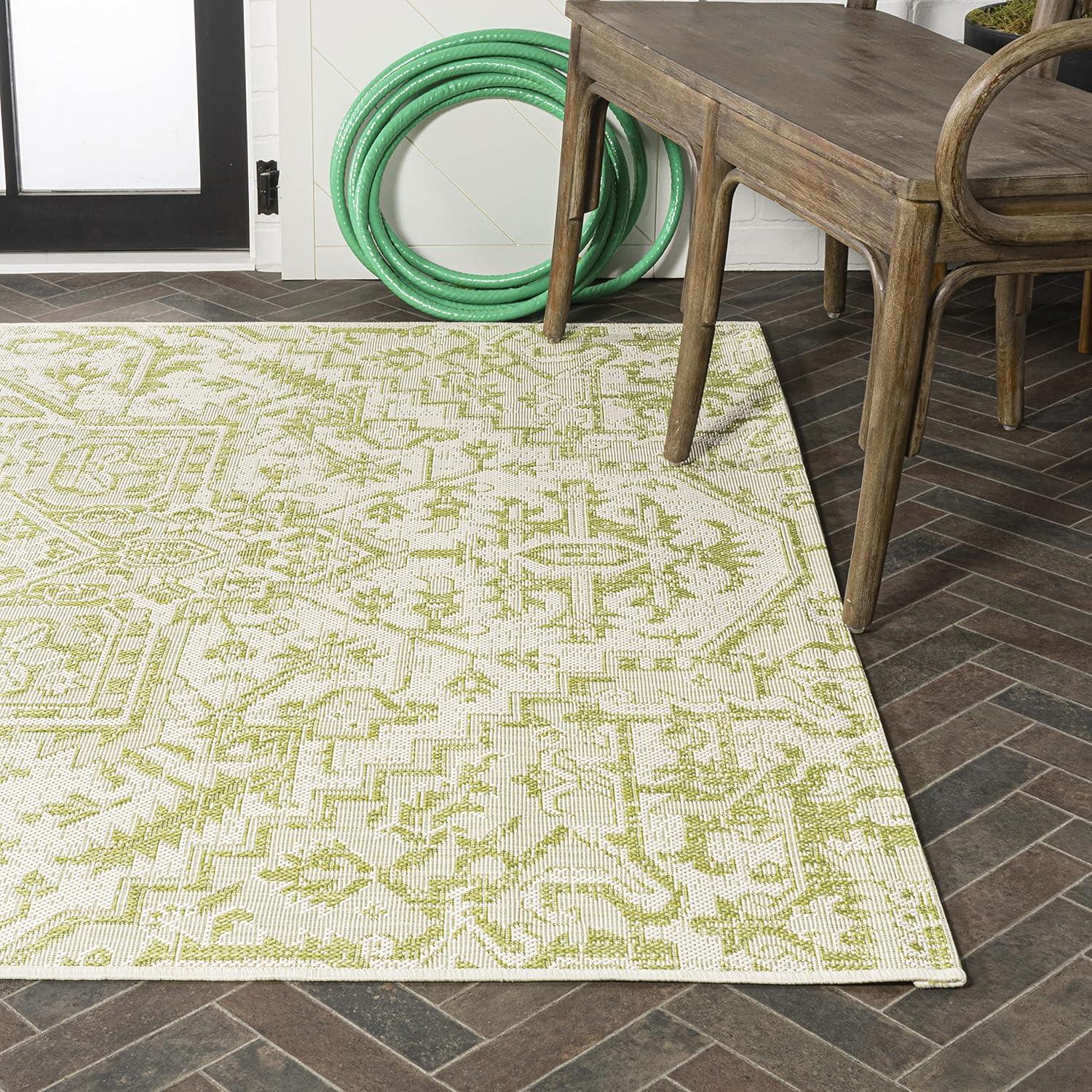 3' x 5' Estrella Bohemian Styled Medallion Textured Weave Indoor/Outdoor Area Rug, Cream/Green - JONATHAN Y