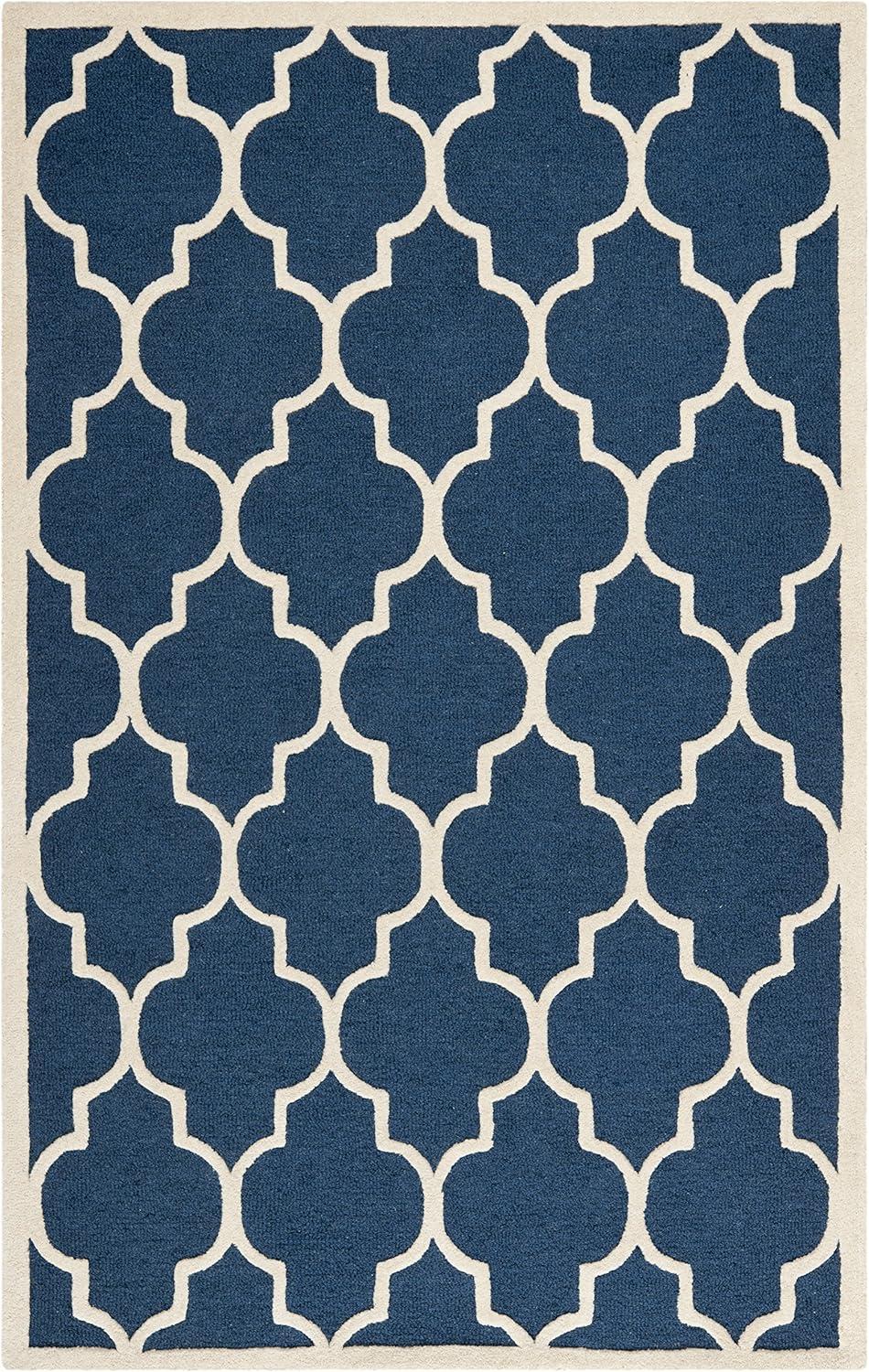 Ivory and Navy Hand-Tufted Wool Area Rug, 5' x 8'