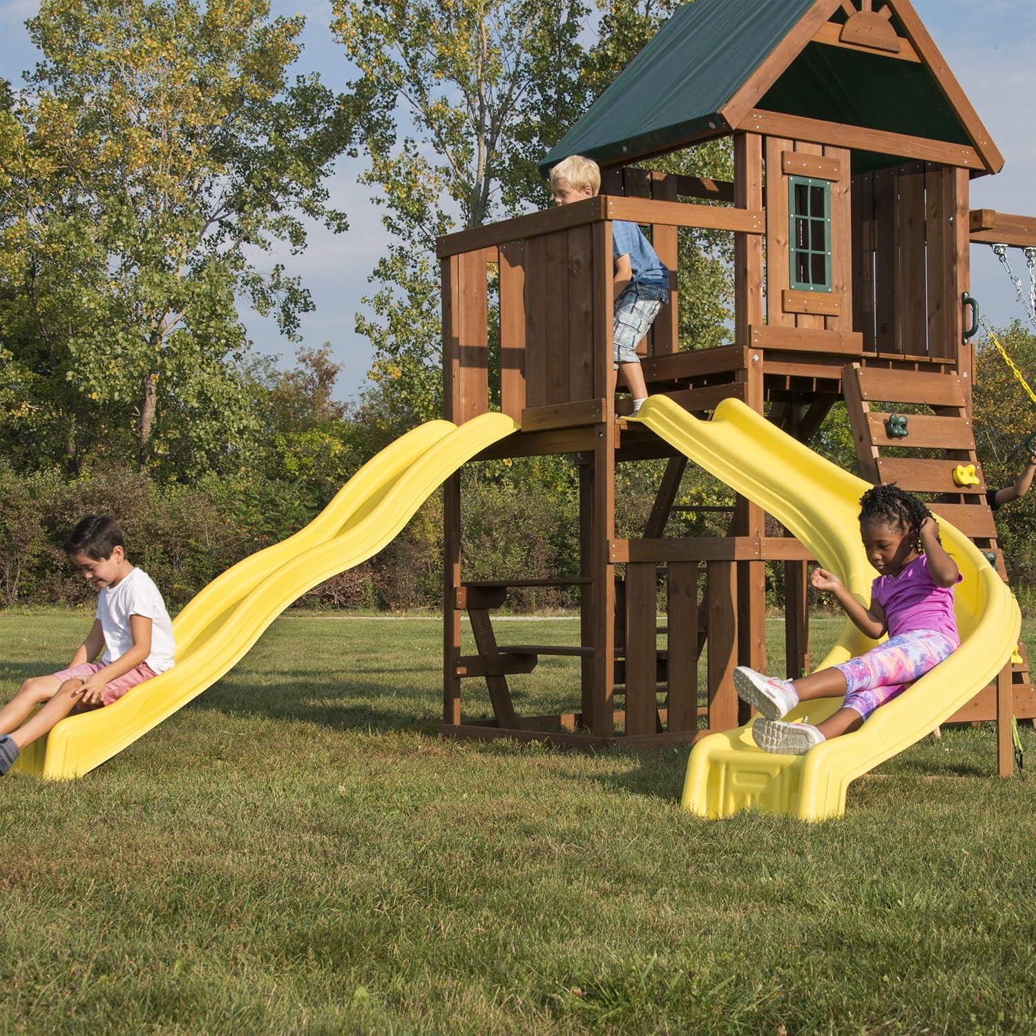 Swing-N-Slide Castlebrook Wooden Backyard Swing Set with Wave Slide, Curved Slide, Climbing Wall, and Swings