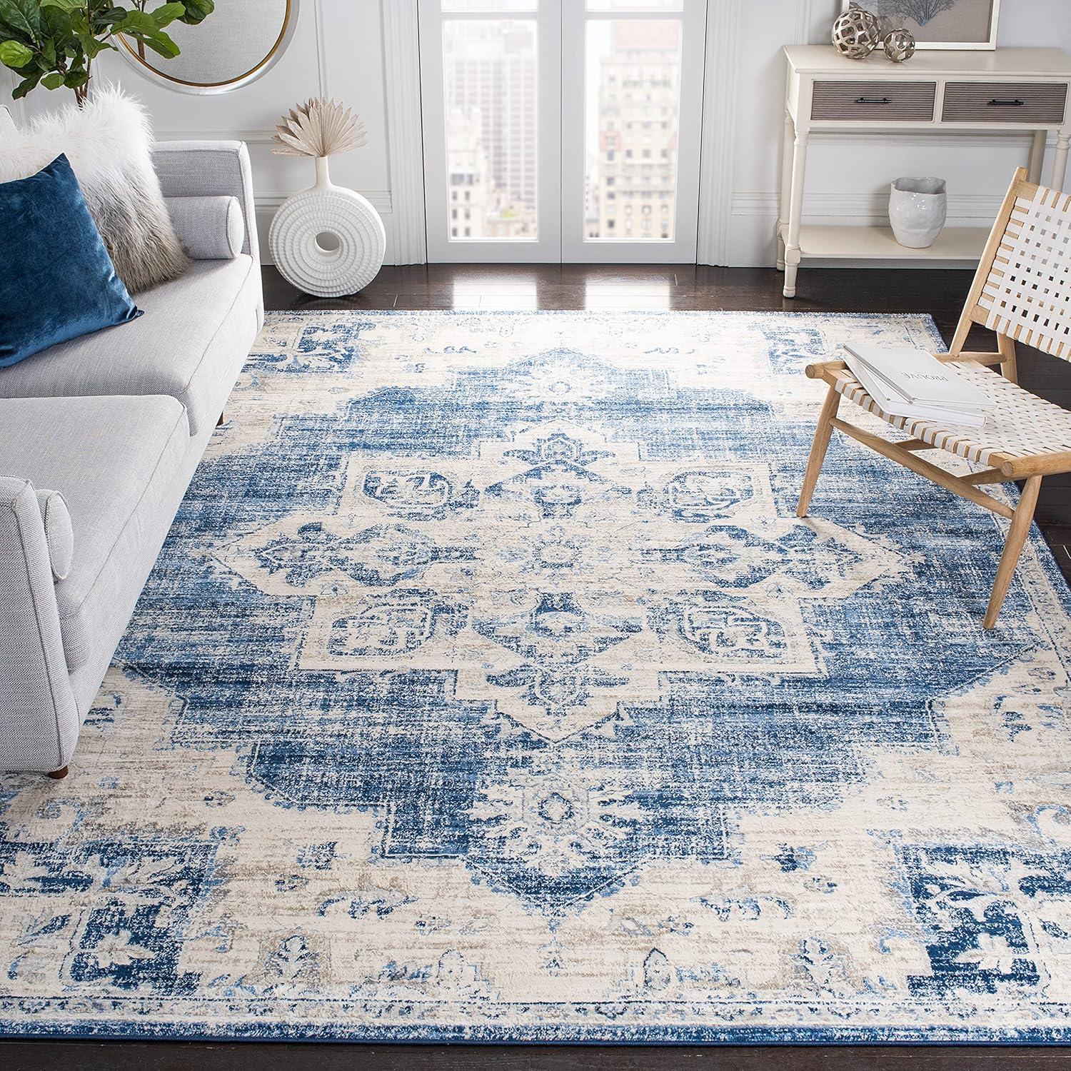 Ivory and Navy Synthetic Hand-Knotted Square Area Rug