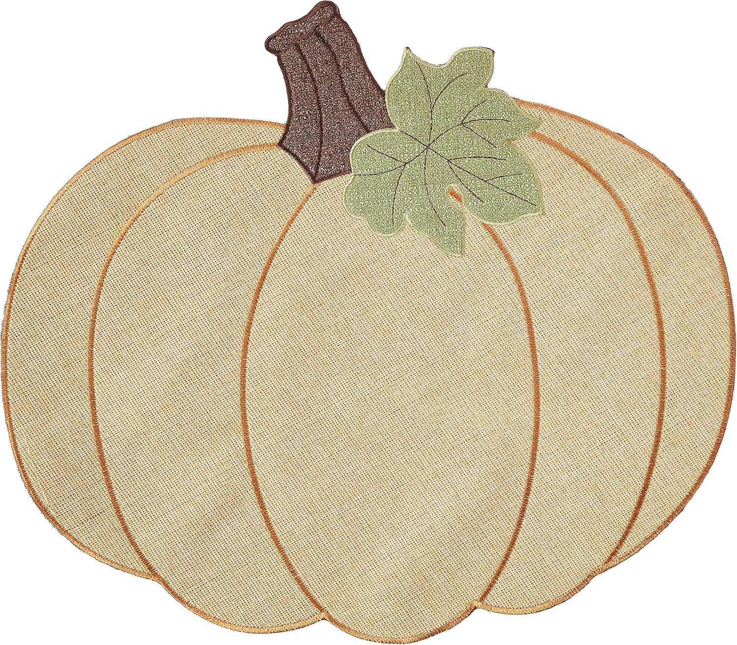Violet Linen Thanksgiving Harvest Fall Pumpkin Pattern, Polyester Applique Embroidered Burlap, Gold, 12 Inch x 18 Inch, Oval, Set of 4, Decorative Place Mats