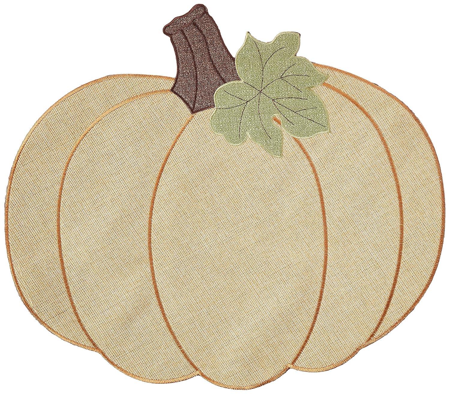 Violet Linen Thanksgiving Harvest Fall Pumpkin Pattern, Polyester Applique Embroidered Burlap, Gold, 12 Inch x 18 Inch, Oval, Set of 4, Decorative Place Mats
