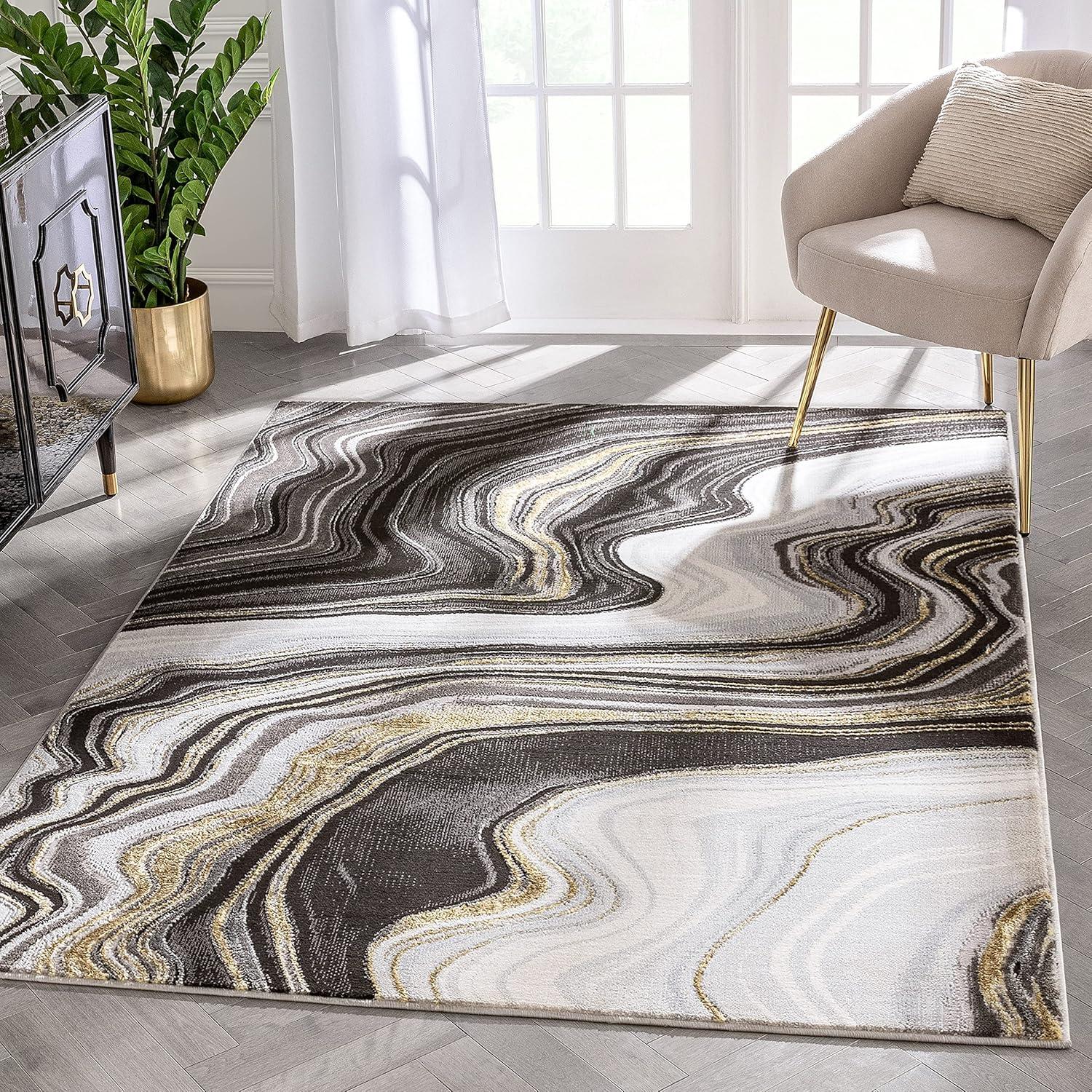 Well Woven Werrick Grey & Gold Striated Marble Pattern Rug 8x10 (7'10" x 9'10")
