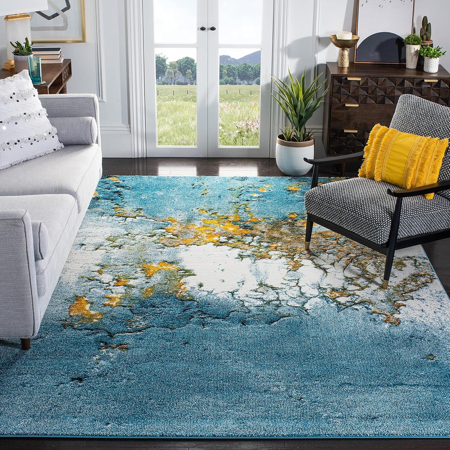 Blue and Gold Abstract Square Synthetic Area Rug