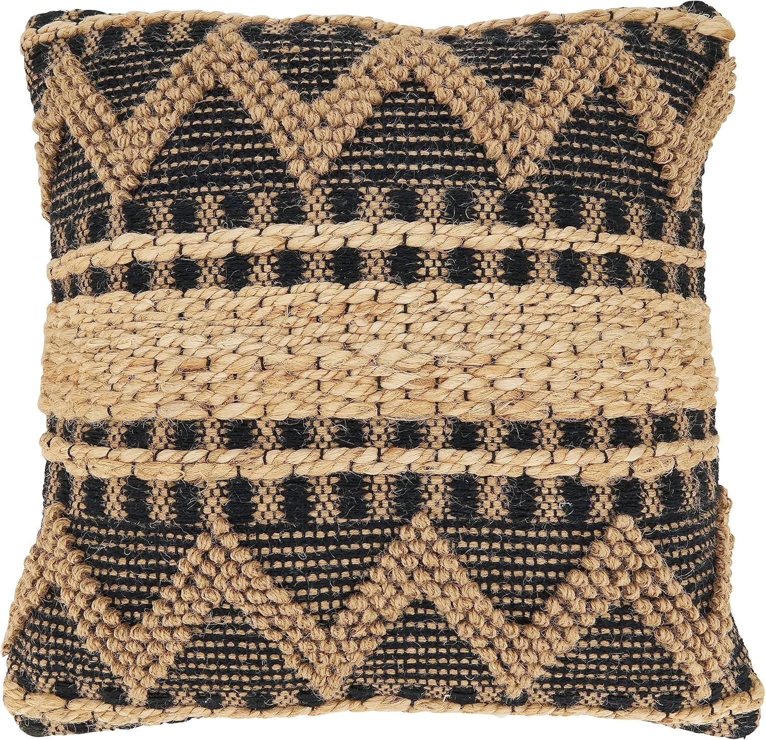 20" Black and Beige Boho Woven Zig Zag Square Throw Pillow