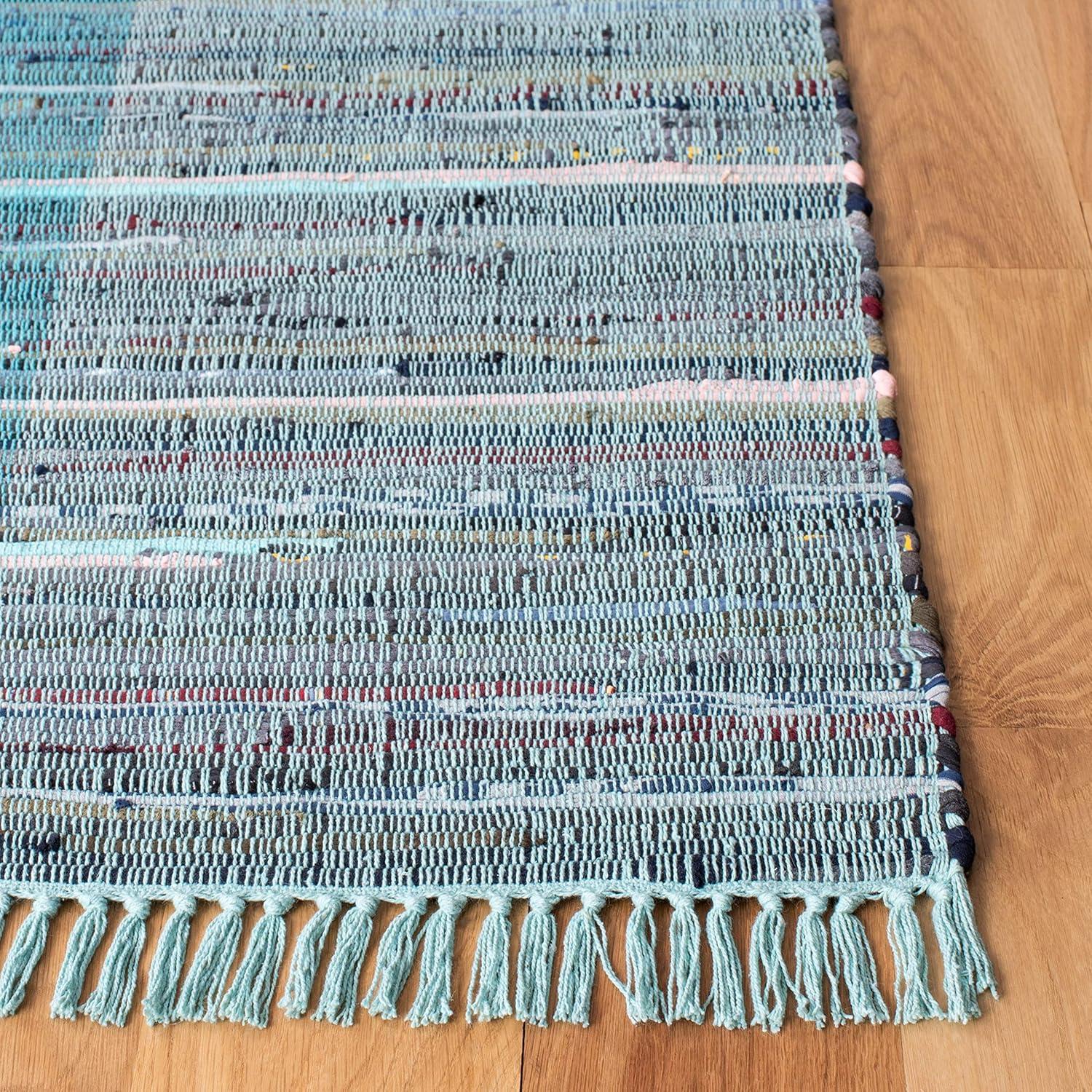 SAFAVIEH Rag Romeo Striped Fringe Cotton Area Rug, Light Blue/Grey, 2' x 3'