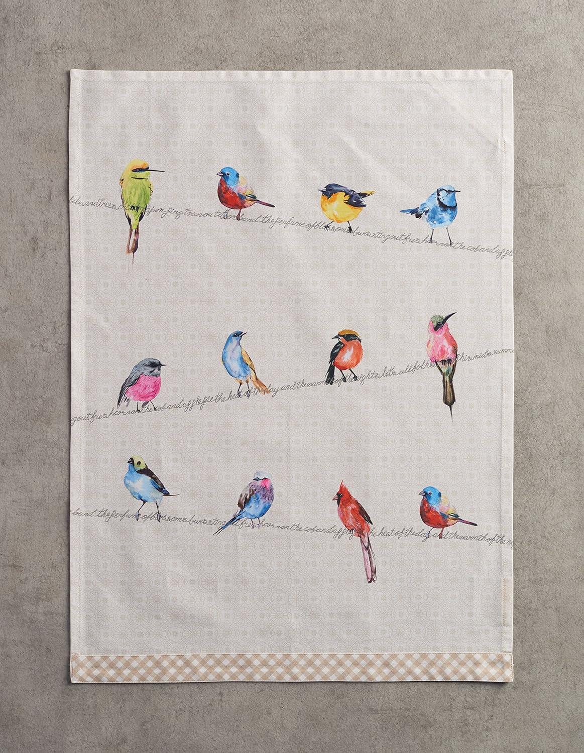 Birdies on Wire Beige Cotton Kitchen Towels Set