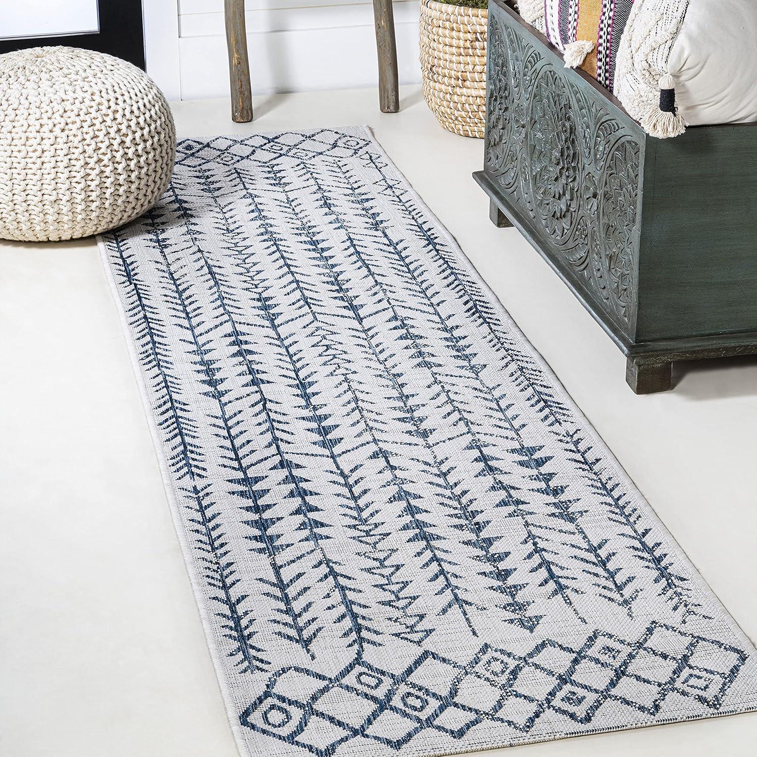 2'x8' Tokay Bohemian Styled Geometric Indoor/Outdoor Runner Rug, Ivory/Blue - JONATHAN Y
